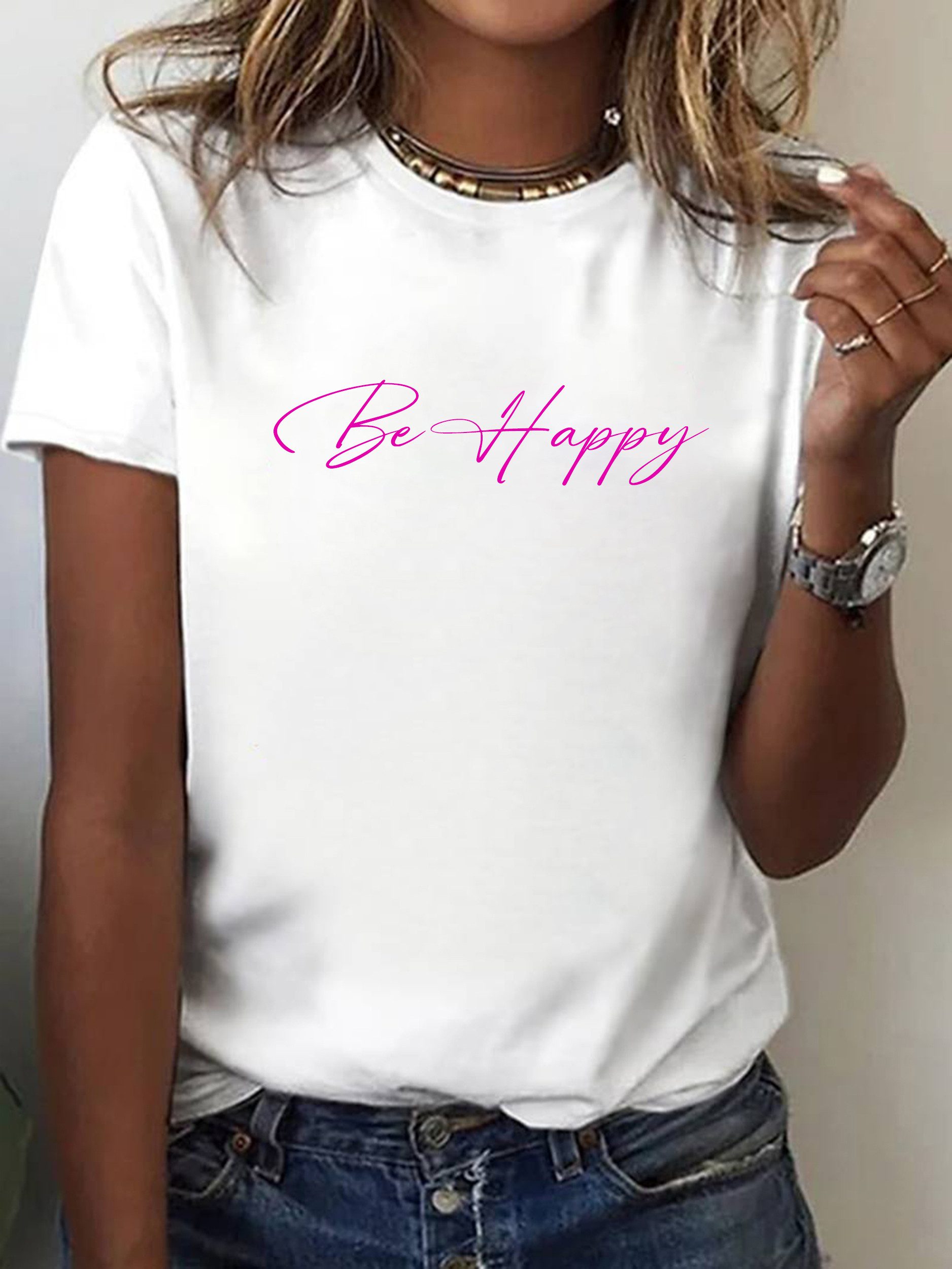T-Shirt Damen Shirt Top Sommer Basic Be Happy Glücklich