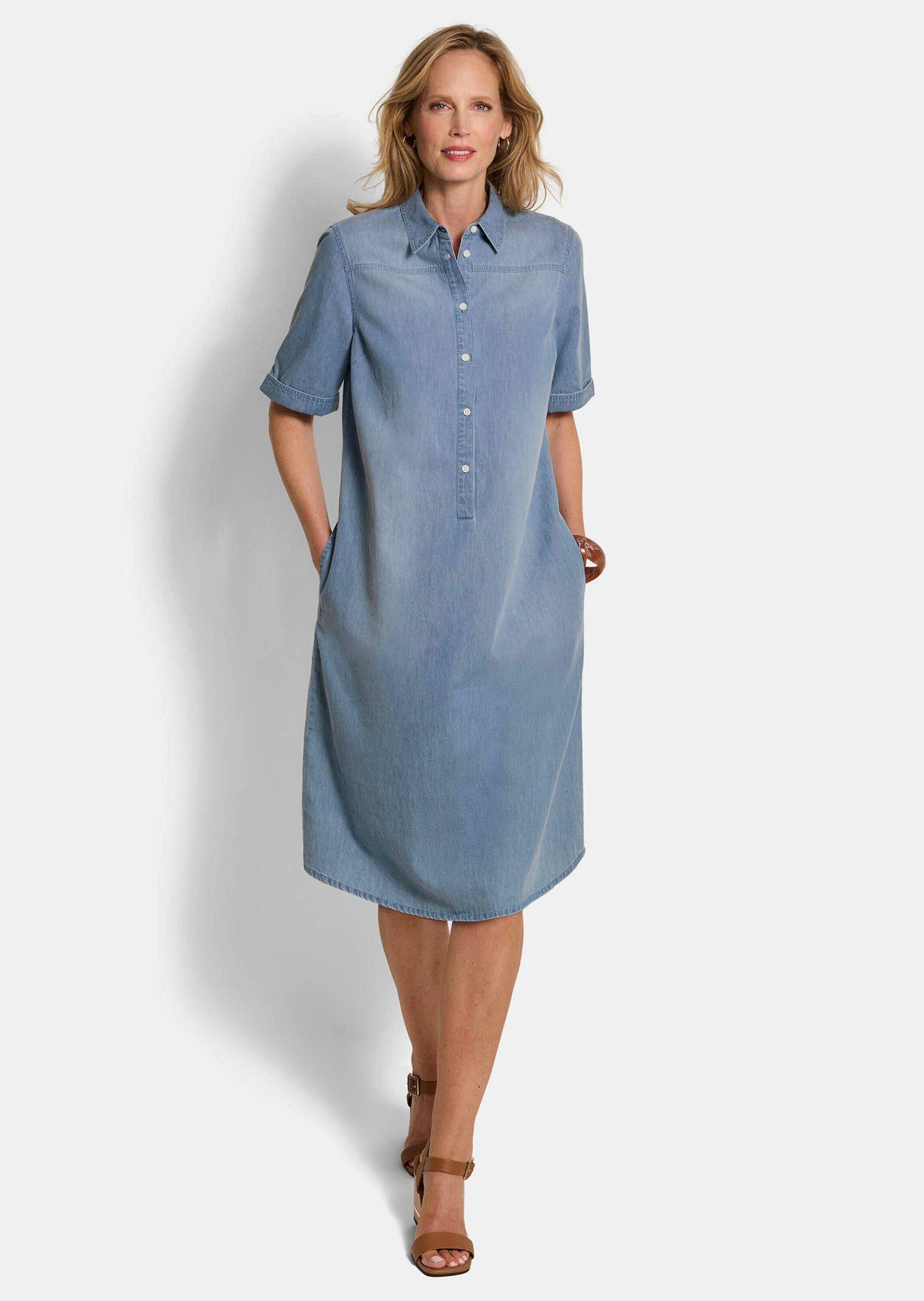 GOLDNER Sommerkleid Baumwollkleid mit heller Waschung Midikleid mit Hemdkragen, Knopfleiste, Taschen, Knielänge und Halbarm