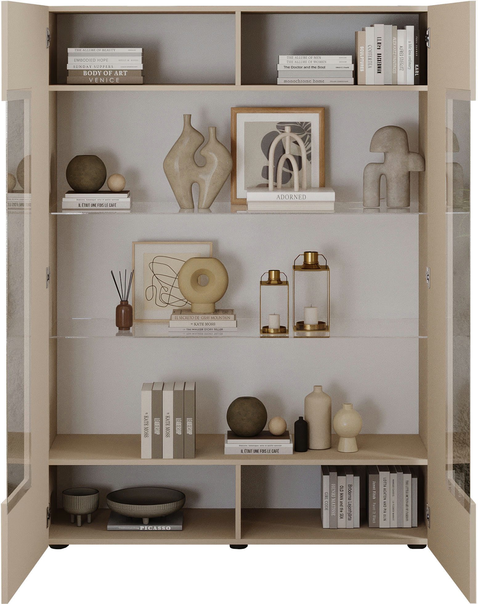 Home affaire Vitrine RIO, Höhe 166 cm, Hochschrank mit 2 Türen, Anrichte, Standvitrine Vitrinenschrank, geriffelte MDF-Fronten, modern, elegant, geräumig