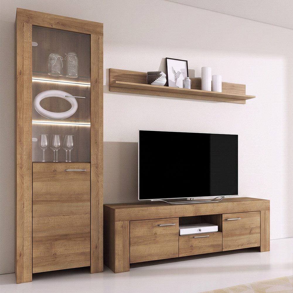 Lomadox Wohnwand STEGNA-160, (3-St., Vitrine Lowboard Wandboard), Eiche Nb., mit Beleuchtung, Softclose Türen