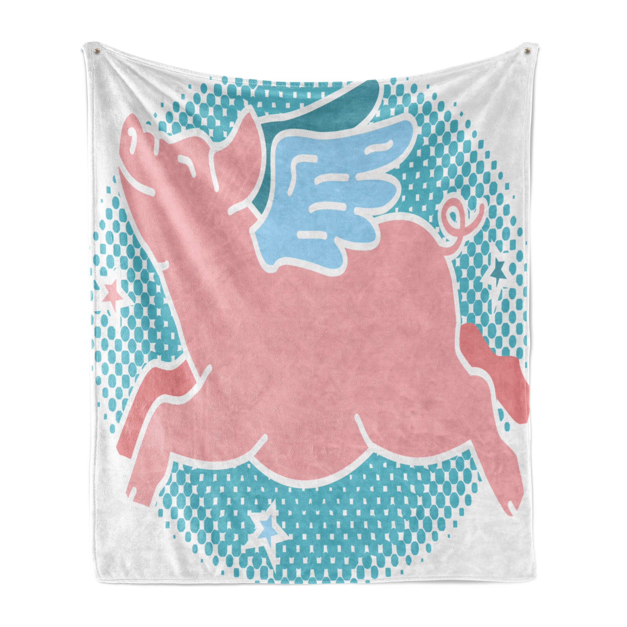 Wohndecke Gemütlicher Plüsch für den Innen- und Außenbereich, Abakuhaus, Blau Und Pink Glückliche Flying Pig Kunst