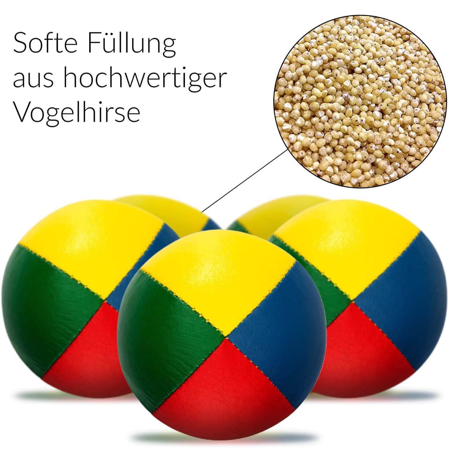 Diabolo Freizeitsport Jonglierball 3er & 5er Set, Jonglierbälle vierfarbig und zweifarbig (Balljonglage Set vierfarbig - Weiche Lernbälle für Einsteiger, 5-St., Koordinationsbälle 5 Stück - Softbälle zum Jonglieren Lernen), 5er Juggling Balls 58 mm, 90g - Profi Training mit Vogelhirse