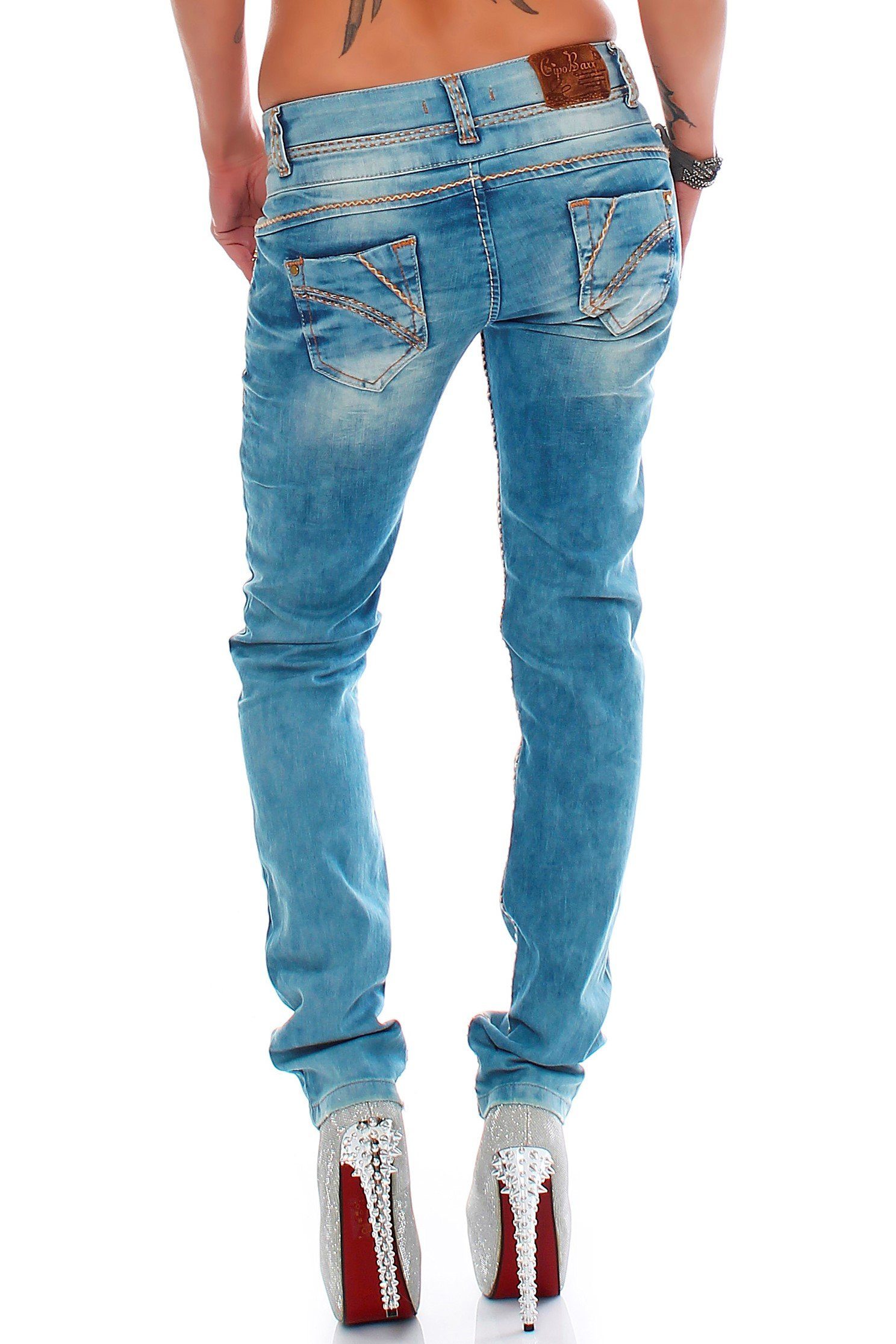 Cipo & Baxx 5-Pocket-Jeans Damen Slim Fit Hose Stonewashed BA-CBW0347A (1-tlg) mit dicken Nähten und Doppelter Bund