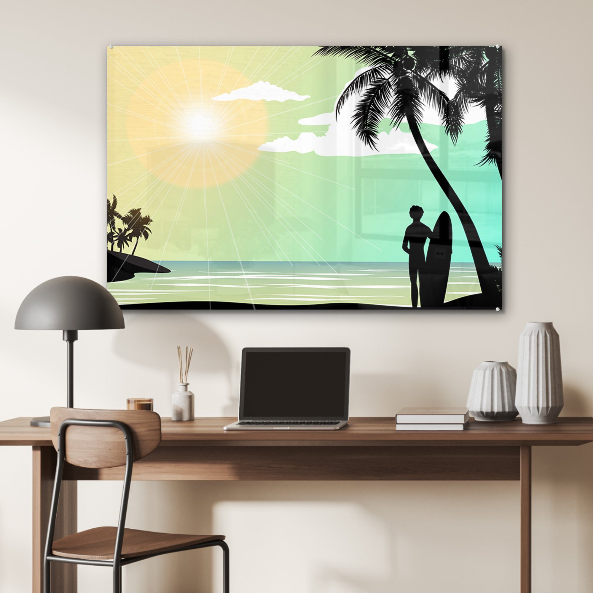 Meer Sonne - Surfen Palme, & (1 Acrylglasbilder - Acrylglasbild - St), Wohnzimmer MuchoWow Schlafzimmer