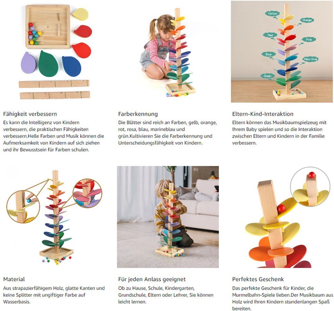 XDeer Lernspielzeug Bunter Klangbaum,Holz-Kugelbahn,72 cm Höhe,Motorikspiel, incl 10 holzfarbe+25 bunte Murmel,besser Geschenke für Kinder