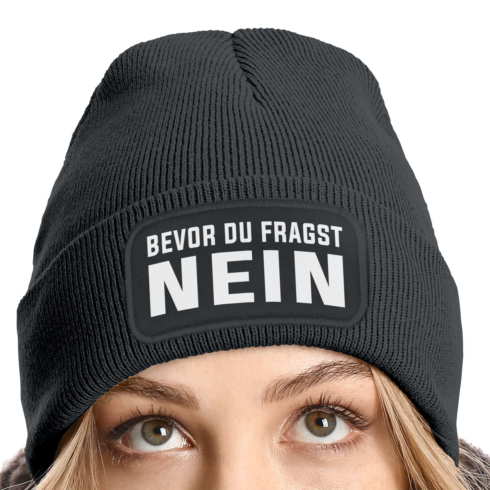 MoonWorks Strickmütze Damen Beanie Strickmütze mit Patch Spruch NEIN Aufdru günstig online kaufen