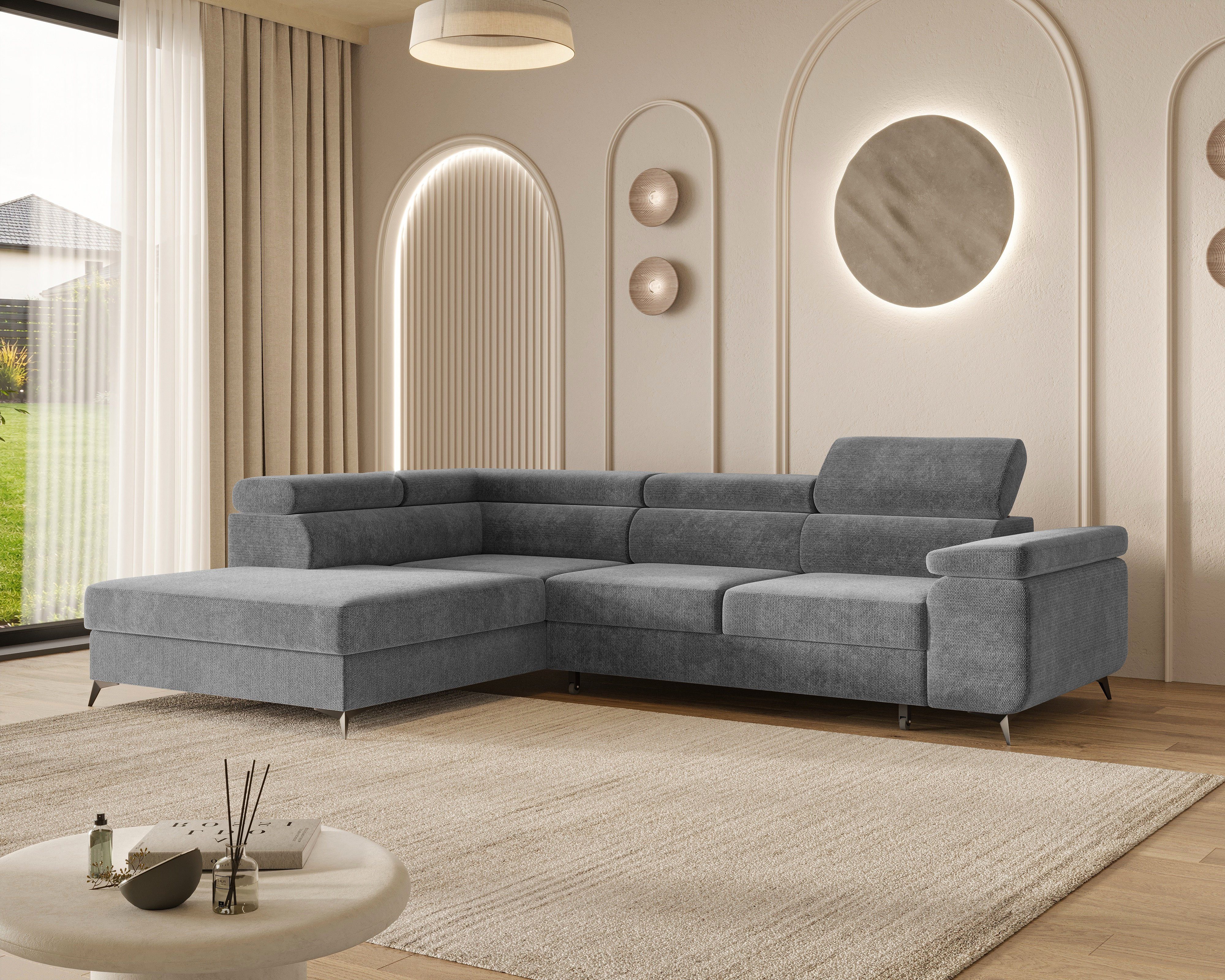MOEBLO Ecksofa OSTIN, 290 cm – Modernes L-Sofa mit Schlaffunktion, Bettkasten und verstellbaren Kopfstützen, Cord oder Strukturstoff, - (BxHxT): 290 x 75–90 x 202 cm