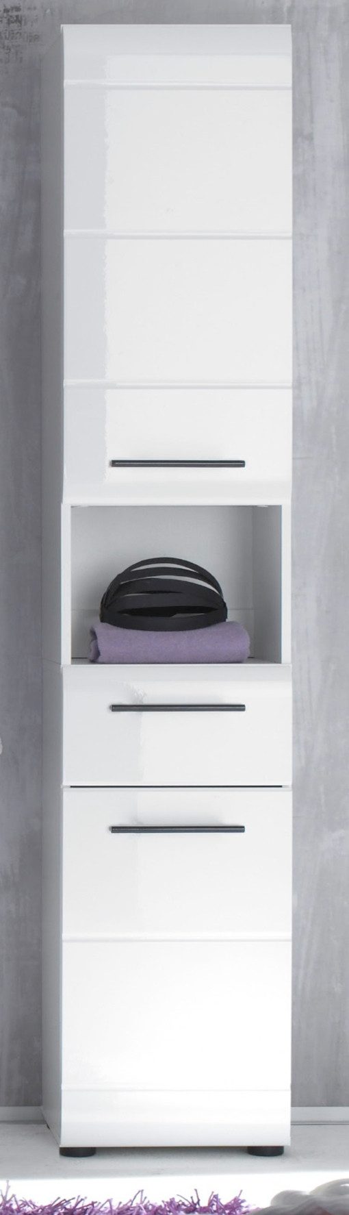 Inn.Furn Hochschrank Clarito (Badschrank in Weiß Hochglanz, 2-türig, 30 x 182 cm) mit 4 Staufächern und Schubkasten