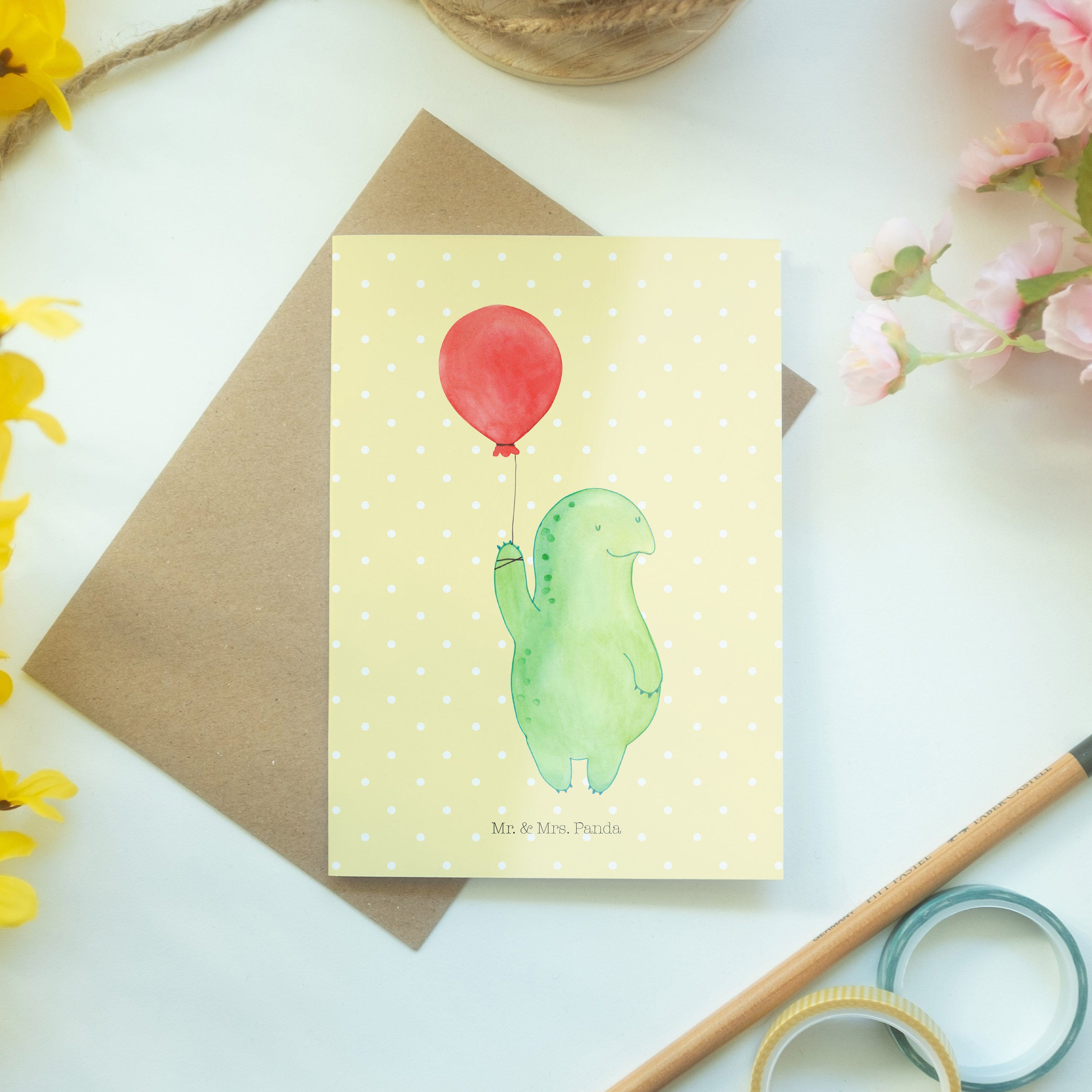 Schildkröte & Mr. Luftballon Grußkarte Mrs. Geschenk, Gelb - Panda Pastell Einladungskarte, Ge -