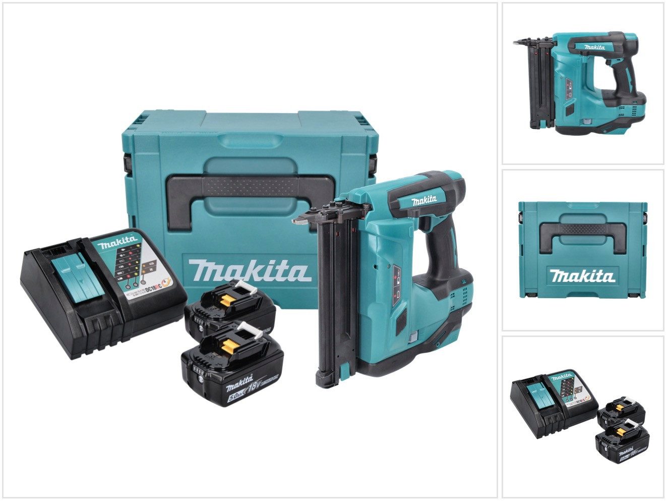Makita Nagler DBN 500 RTJ Akku Stauchkopfnagler 18 V 15-50 mm + 2x Akku 5,0 Ah + La