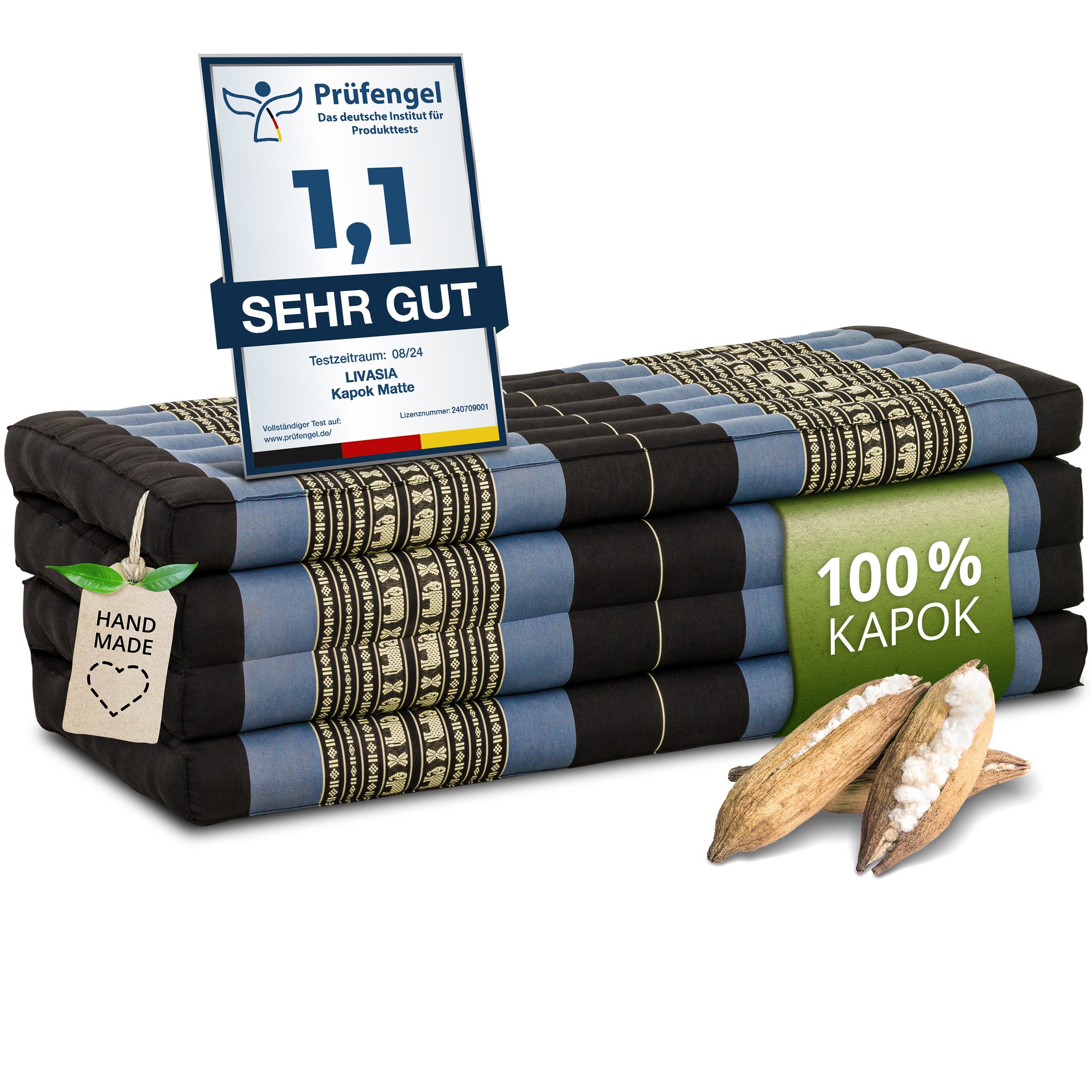 Klappmatratze Faltmatratze 110 cm breit (Classic) - 200x110x8cm -, livasia, 8 cm hoch, Kapok, vegan, handgefertigt
