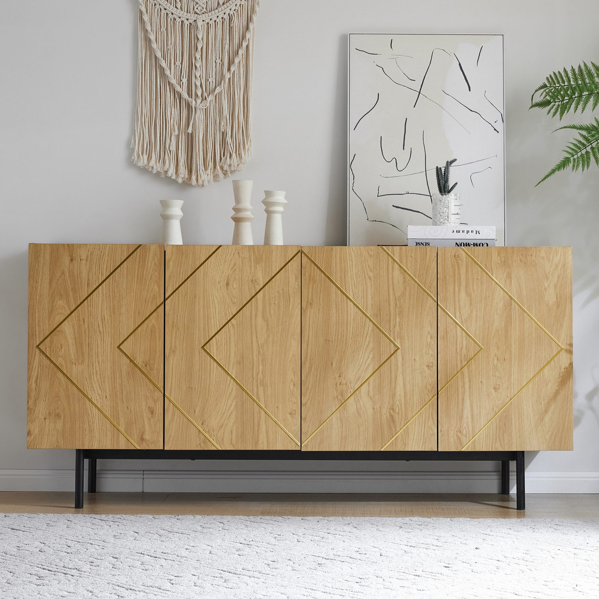 Celya Sideboard Sideboard mit 4 Türen und Metall-Inlay, Naturholz (Anrichte, Beistellschrank, Standschrank, Maße: H 78 cm / B 160 cm / T 40 cm), Sideboard Wohnzimmer, Buffet Schrank, Vielseitige Kommode