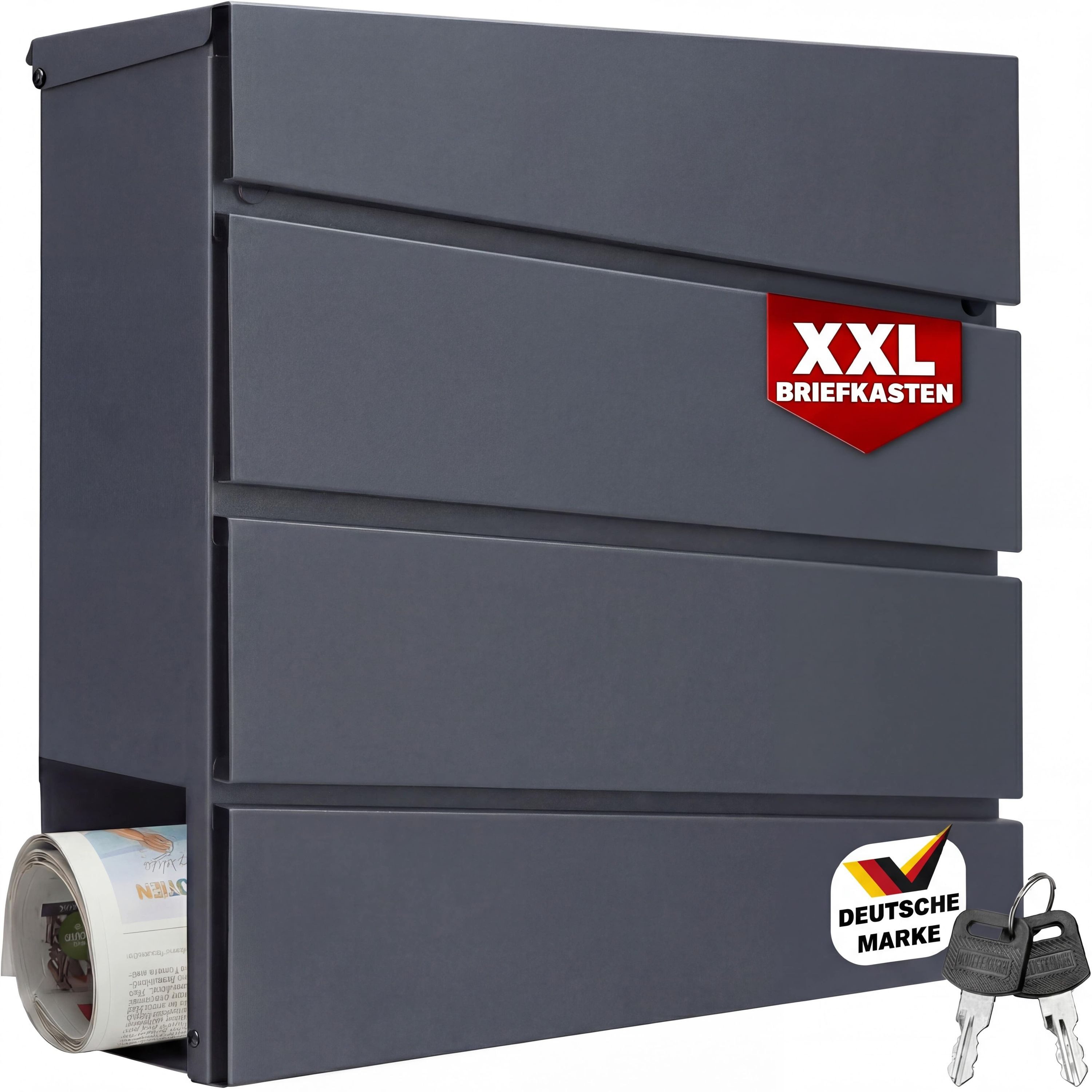 monzana Wandbriefkasten, Design Stahl anthrazit mit Zeitungsfach 2 Schlüssel Wandbriefkasten