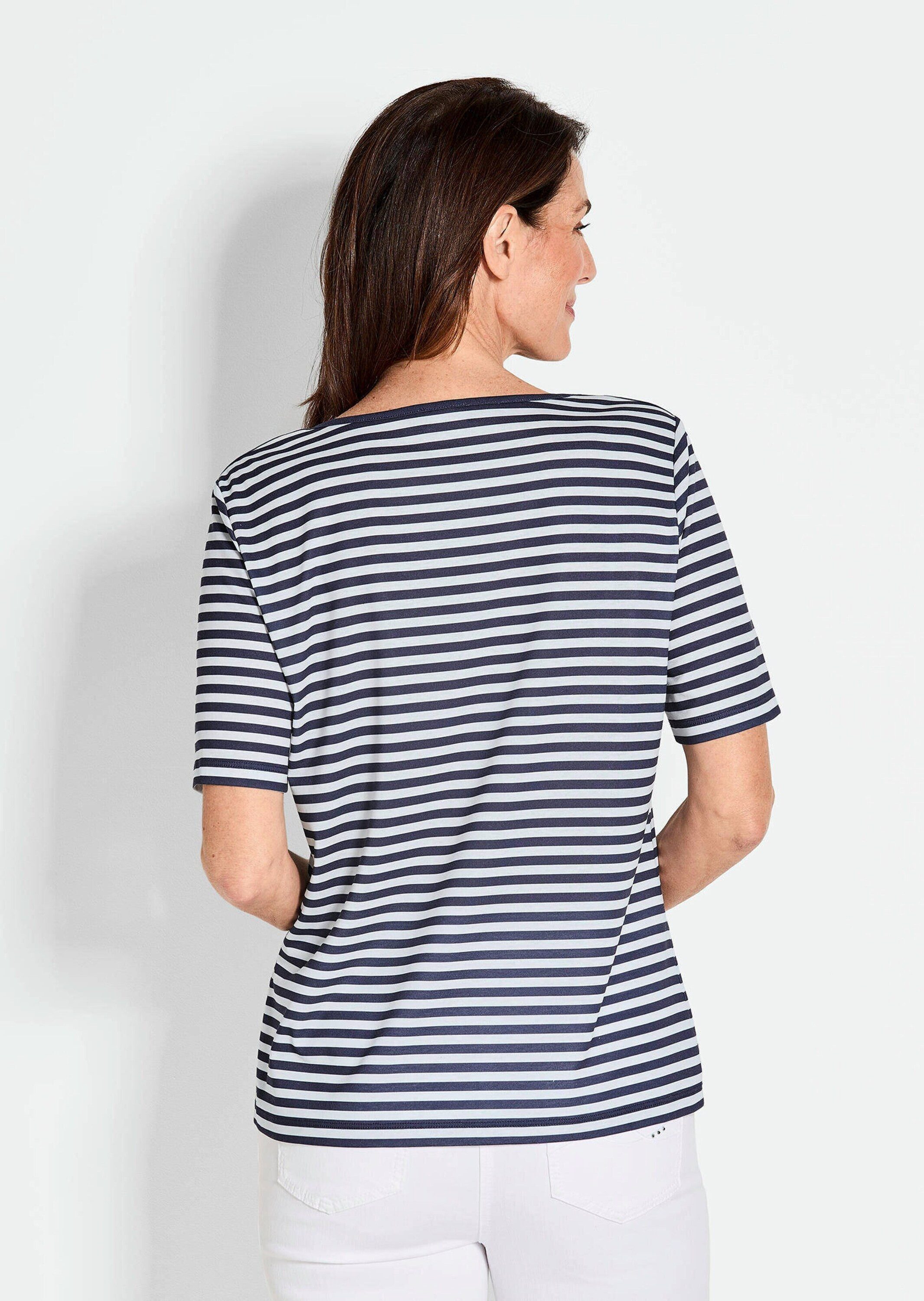 GOLDNER T-Shirt Kurzgröße: Stilvolles Streifenshirt für Damen Basicshirt mit U-Boot-Ausschnitt, Streifenmuster, aus Jersey