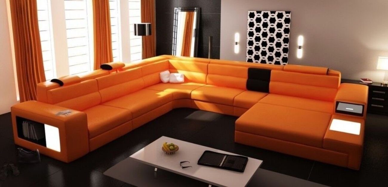 JVmoebel Ecksofa Ecksofa Sofa Couch Polster Garnitur Leder Wohnlandschaft Landau R Orange