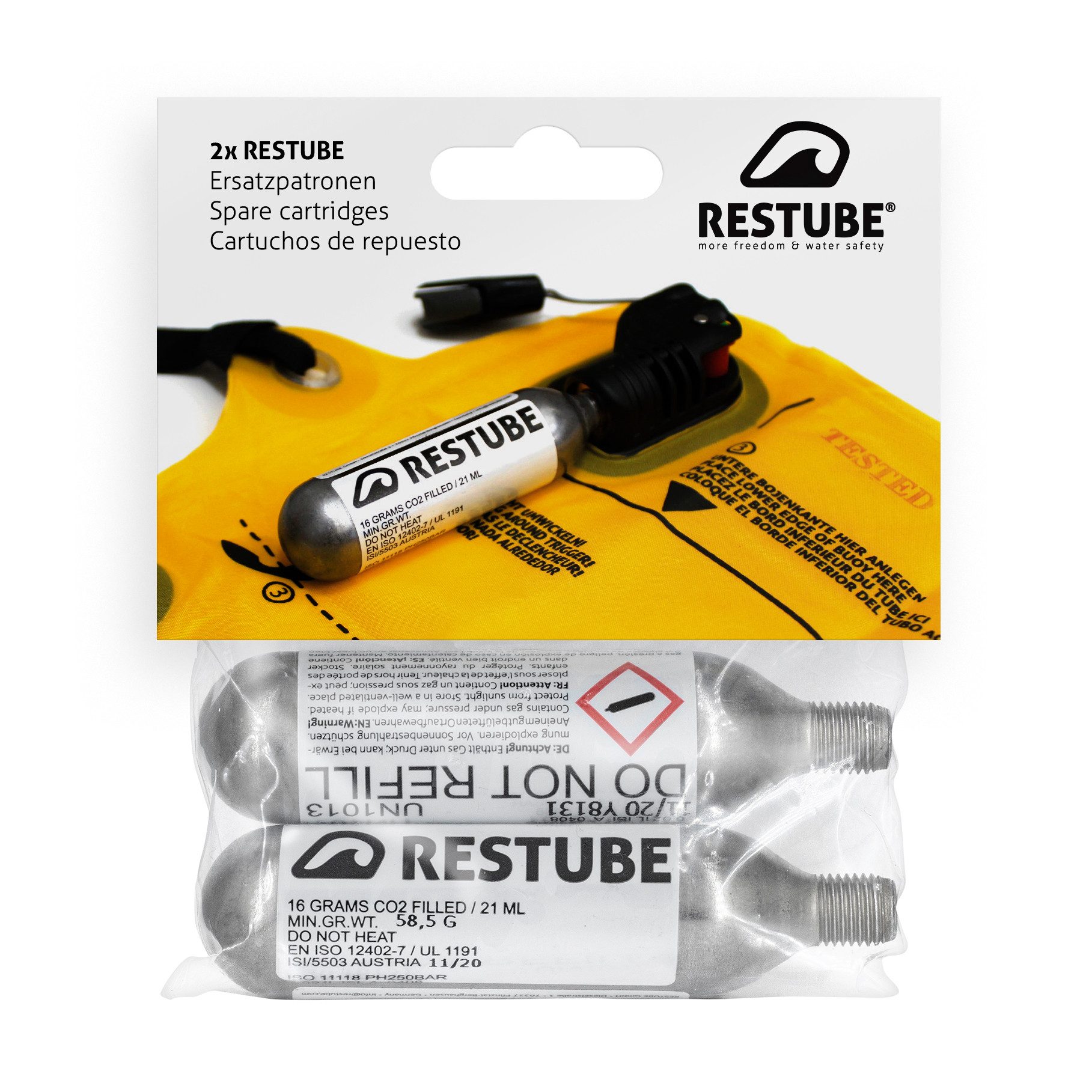 Restube Wasser-Airbag Ersatzpatrone 16 g CO2 (2-St), für Restube active, extreme, lifeguard & pfd by RESTUBE