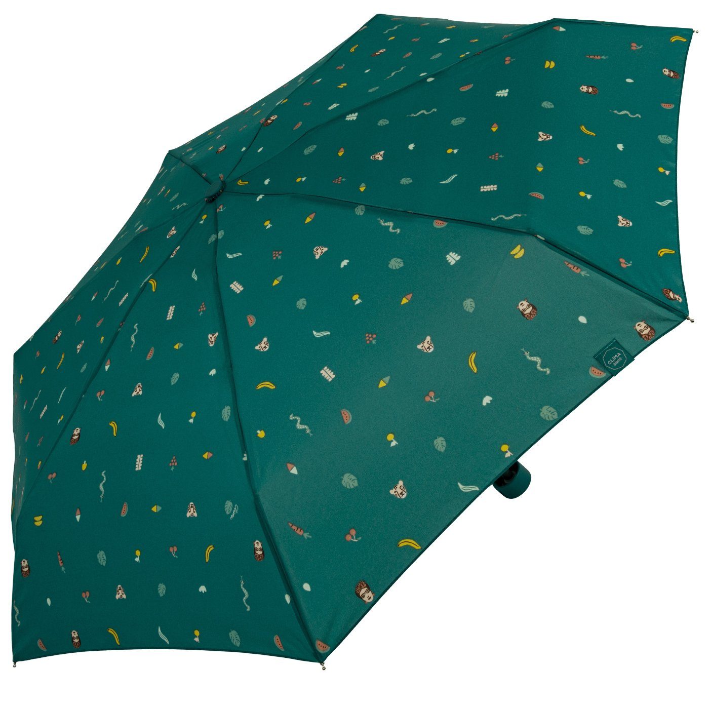 farbenfroh Damen-Regenschirm, stabil, kompakt, Handöffner, Tropen-Dschungel-Motiven mit mit Taschenregenschirm - türkis bisetti klein,