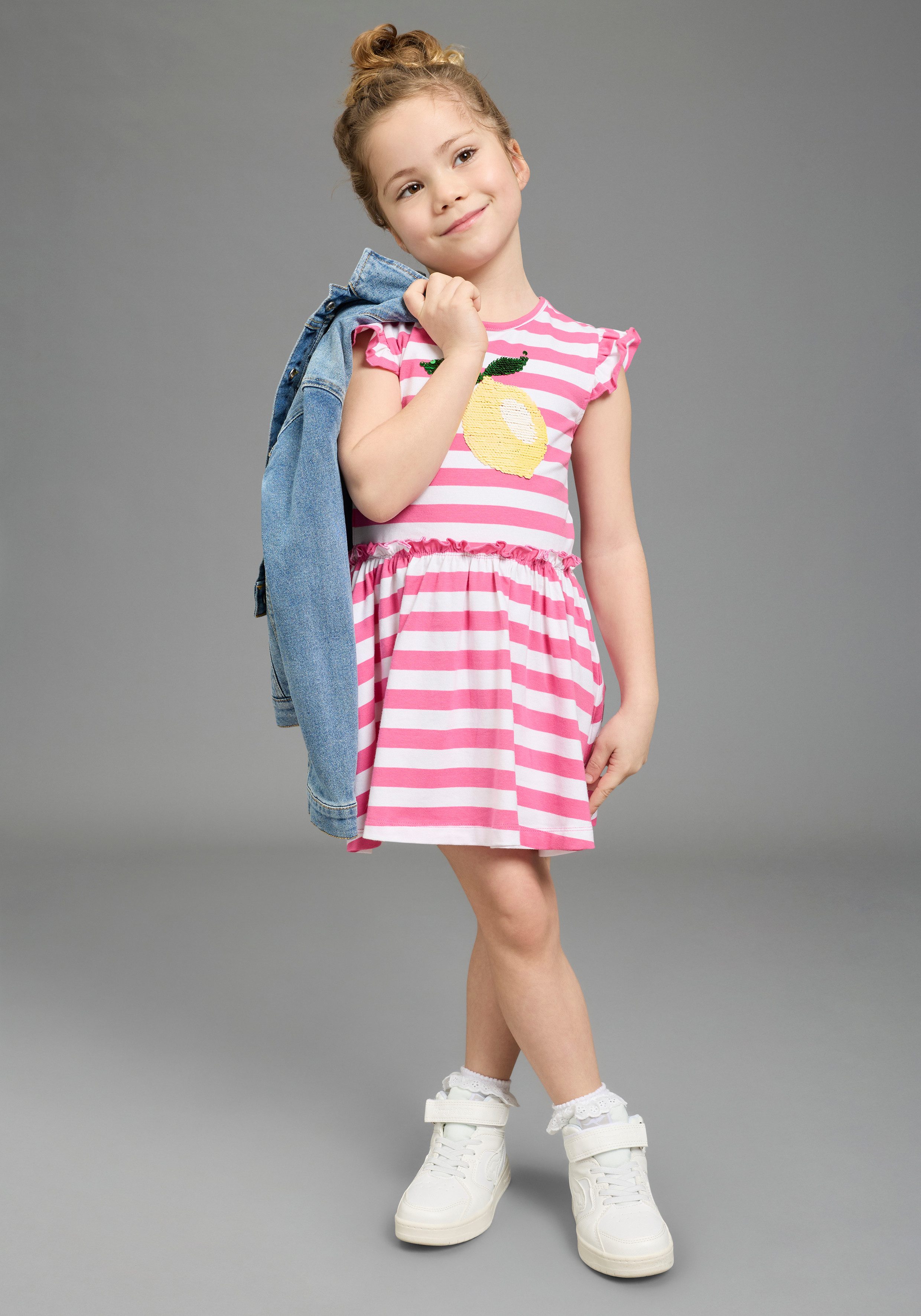 KIDSWORLD Jerseykleid mit Pailletten für kleine Mädchen - Kirschen oder Zitronen Motiv festlich, kniefrei, verspielt, aus Baumwollmischung