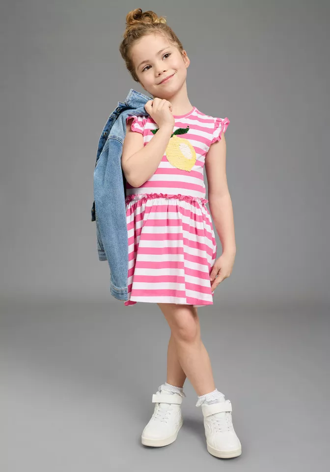 KIDSWORLD Jerseykleid mit Pailletten für kleine Mädchen - Kirschen oder Zitronen Motiv festlich, kniefrei, verspielt, aus Baumwollmischung