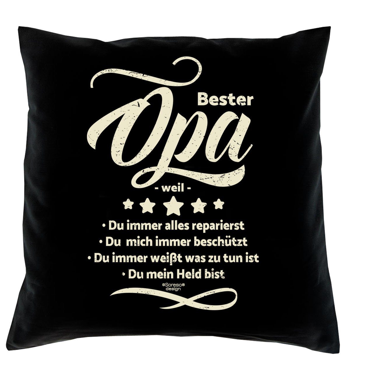 Soreso® Dekokissen Kissen Bester Opa weil & Urkunde für den Weltbesten Opa, Geschenk Geburtstagsgeschenk schwarz