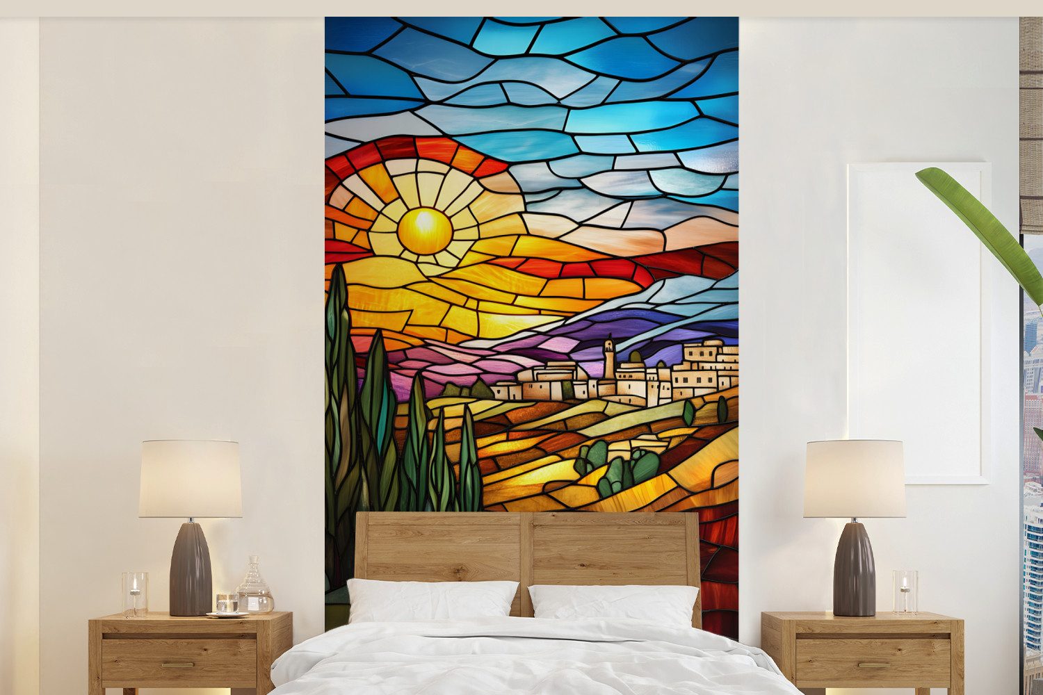 Fototapete Mosaik - Sonne - Landschaft - Dorf