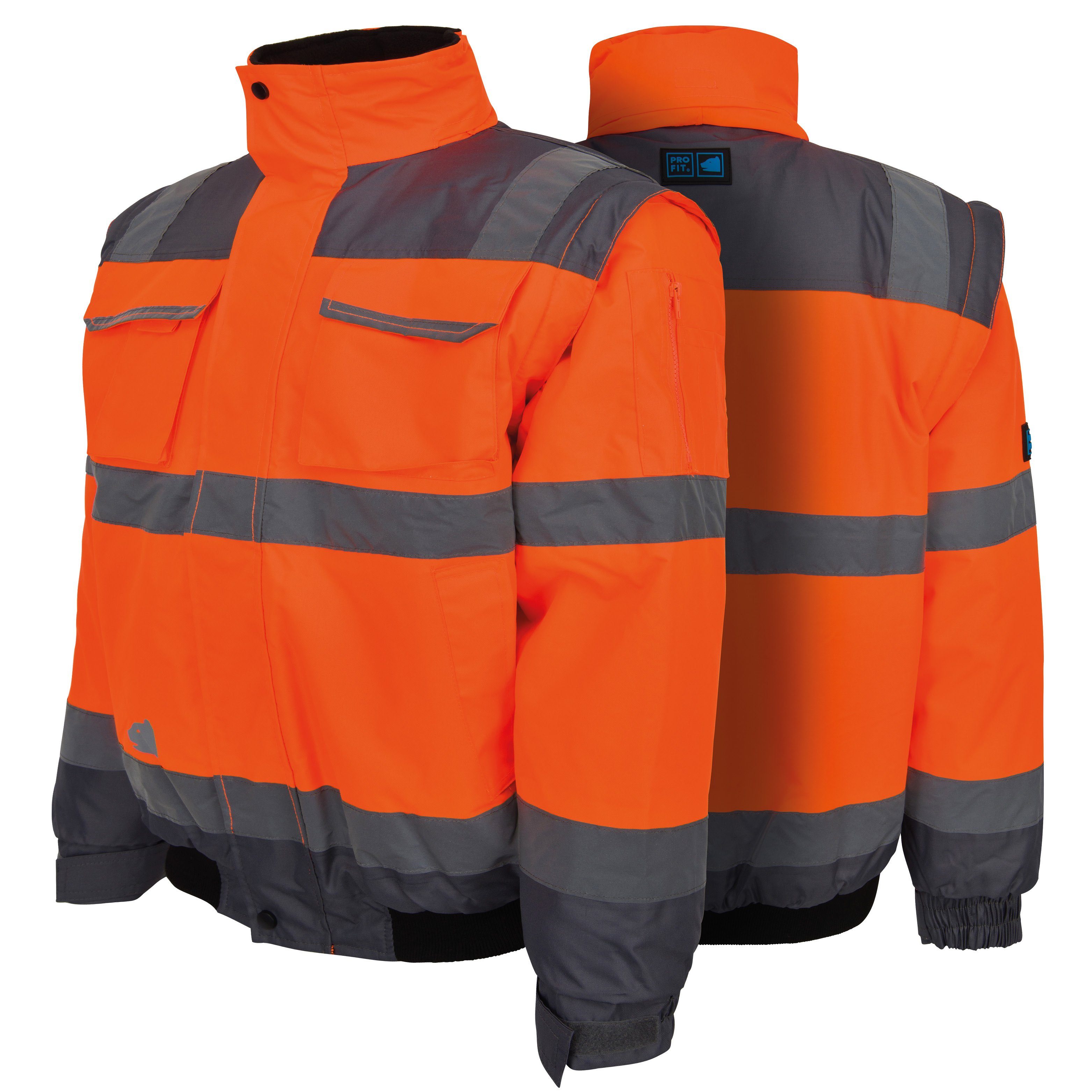 Warnschutz Reflektionsstreifen, im Neonorange/Grau Pilotenjacke PRO by (1-St) FIT Winddicht, Wasserdicht, Kragen Fitzner Arbeitsjacke Kapuze