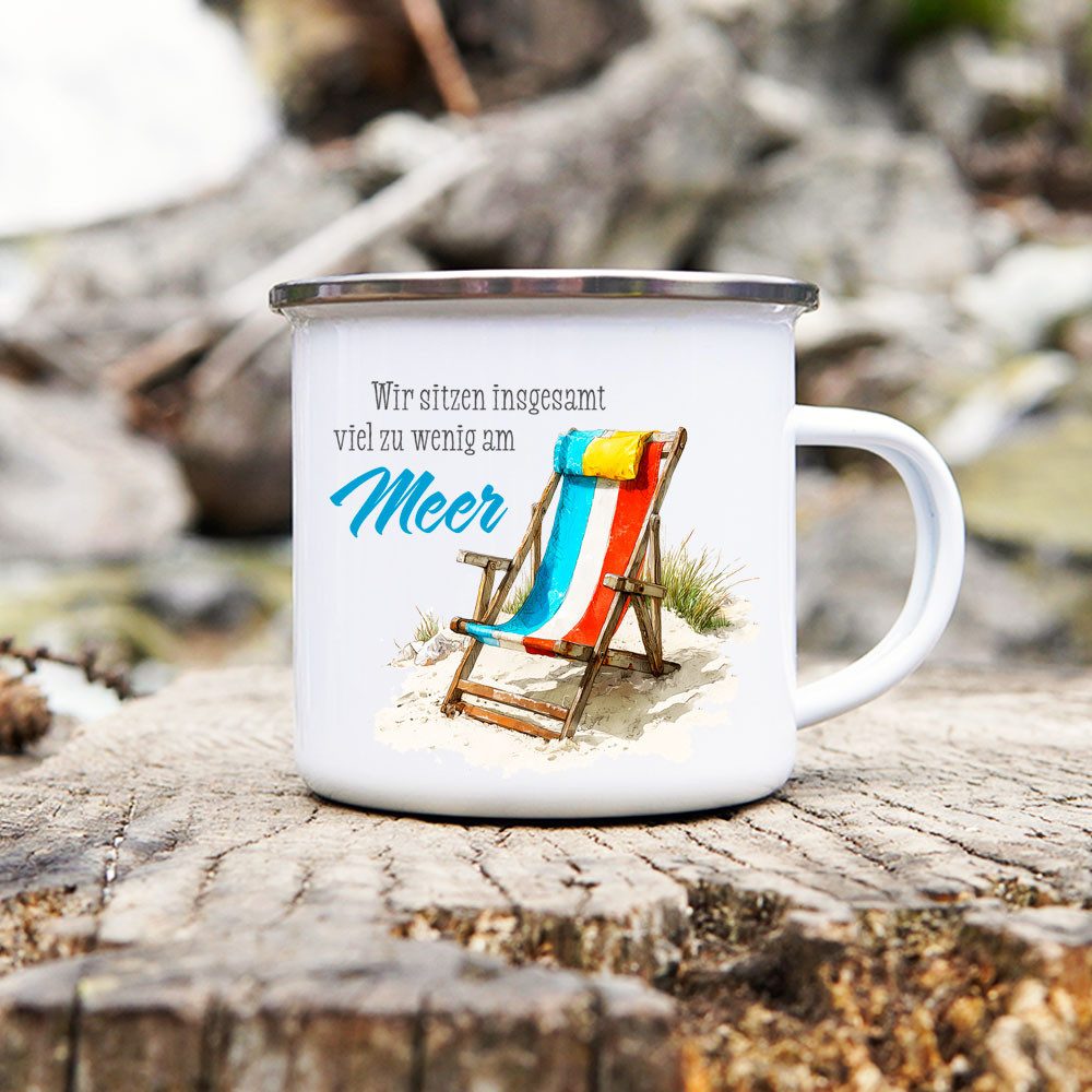 Cadouri Tasse AM MEER SITZEN Camping Emaille Tasse, Campingtasse, Metall, Campingbecher, Kaffeetasse für Camper, handgefertigt, Geschenk, 300 ml
