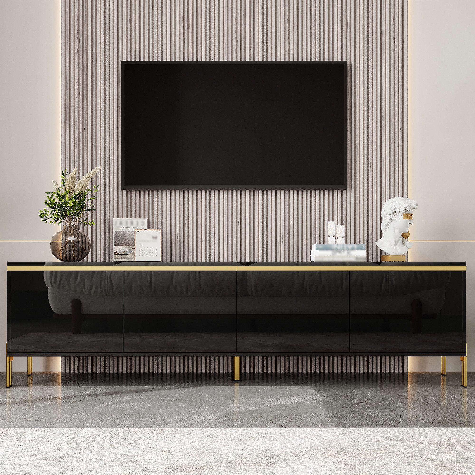 Merax Lowboard hochglanz TV-Ständer mit goldenen Zierelementen & Kabeldurchführungen (1 St), TV-Schrank mit 4 Schranktüren und Metallbeinen, 170x38x50cm