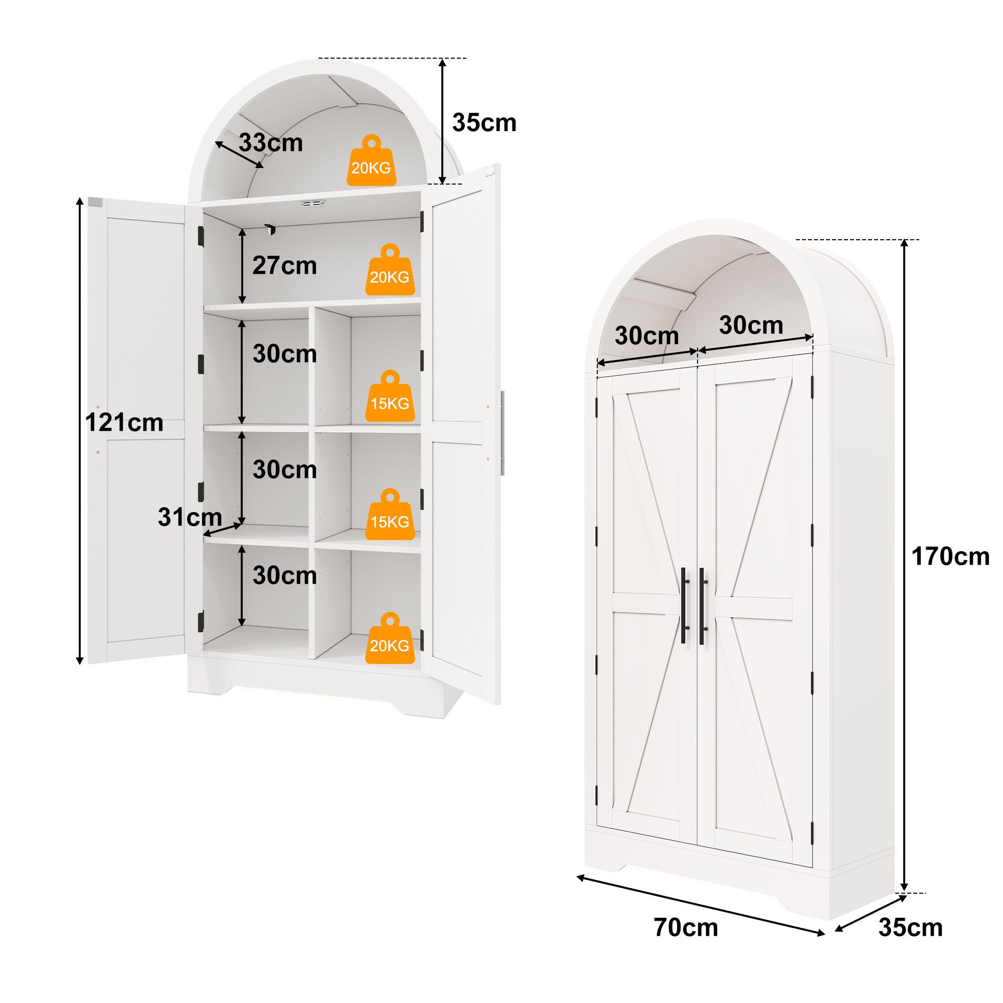 BlingBin Vitrine Hochschrank Gewölbter Schrank (1-St., mit verstellbare Einlegeböden und offenem Oberteil) für Küche,Esszimmer,Wohnzimmer,170×70×35cm