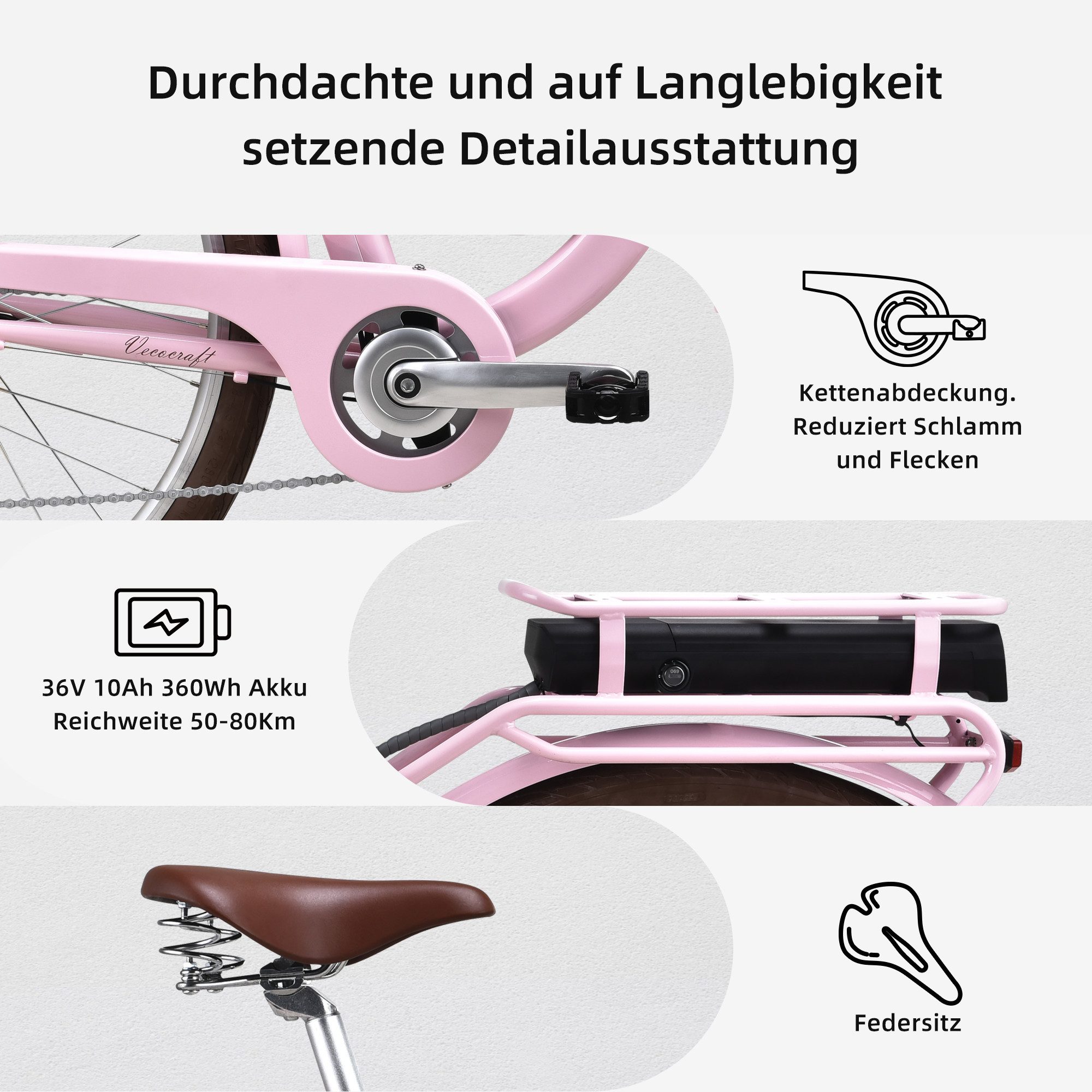 VECOCRAFT E-Bike Cityrad 28’’ Elektrofahrrad 36V 10Ah 80mm Federgabel 40Nm HEBE Ebike Damen, 7 Gang, Heckmotor, 360 Wh, Pedelec Citybike für Damen und Herren – Bild 4 von 5
