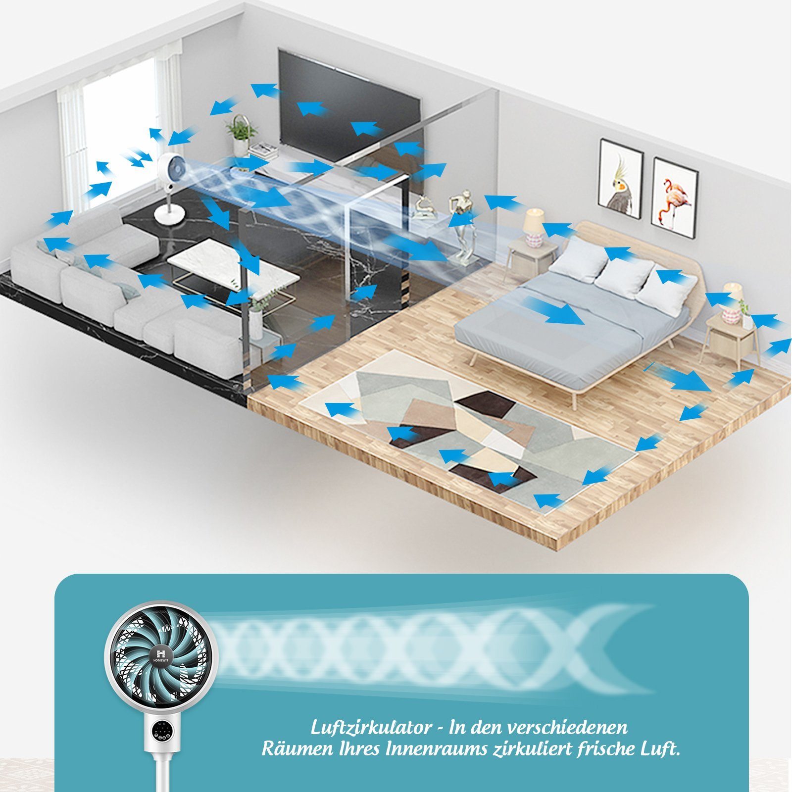 Standventilator Wohnzimmer für Ventilator mit Timer-Einstellung, Homewit Luftumwälzung Schlafzimmer Leise usw. 3D Fernbedienung Turmventilator