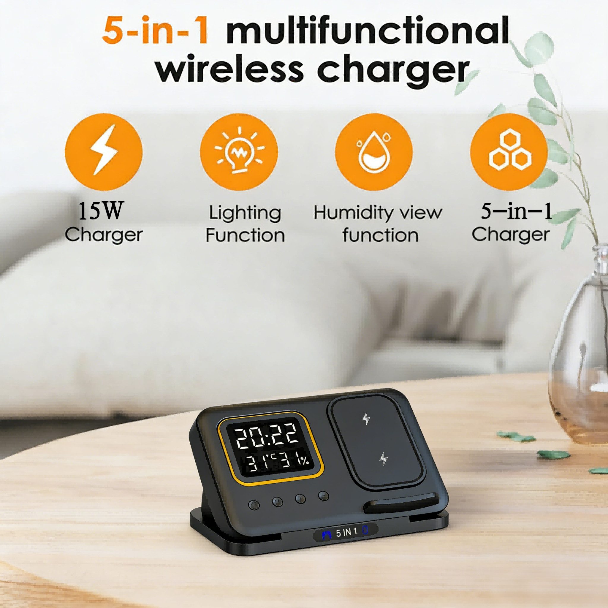 Toomoke Ladegerät, Multi-funktionales 5-in-1 Wireless Charger Ladestation (Digitaler Wecker mit 15W Schnellladung für Apple Watch, Kabellose Ladestation mit LED Nachtlicht und Temperaturanzeige)