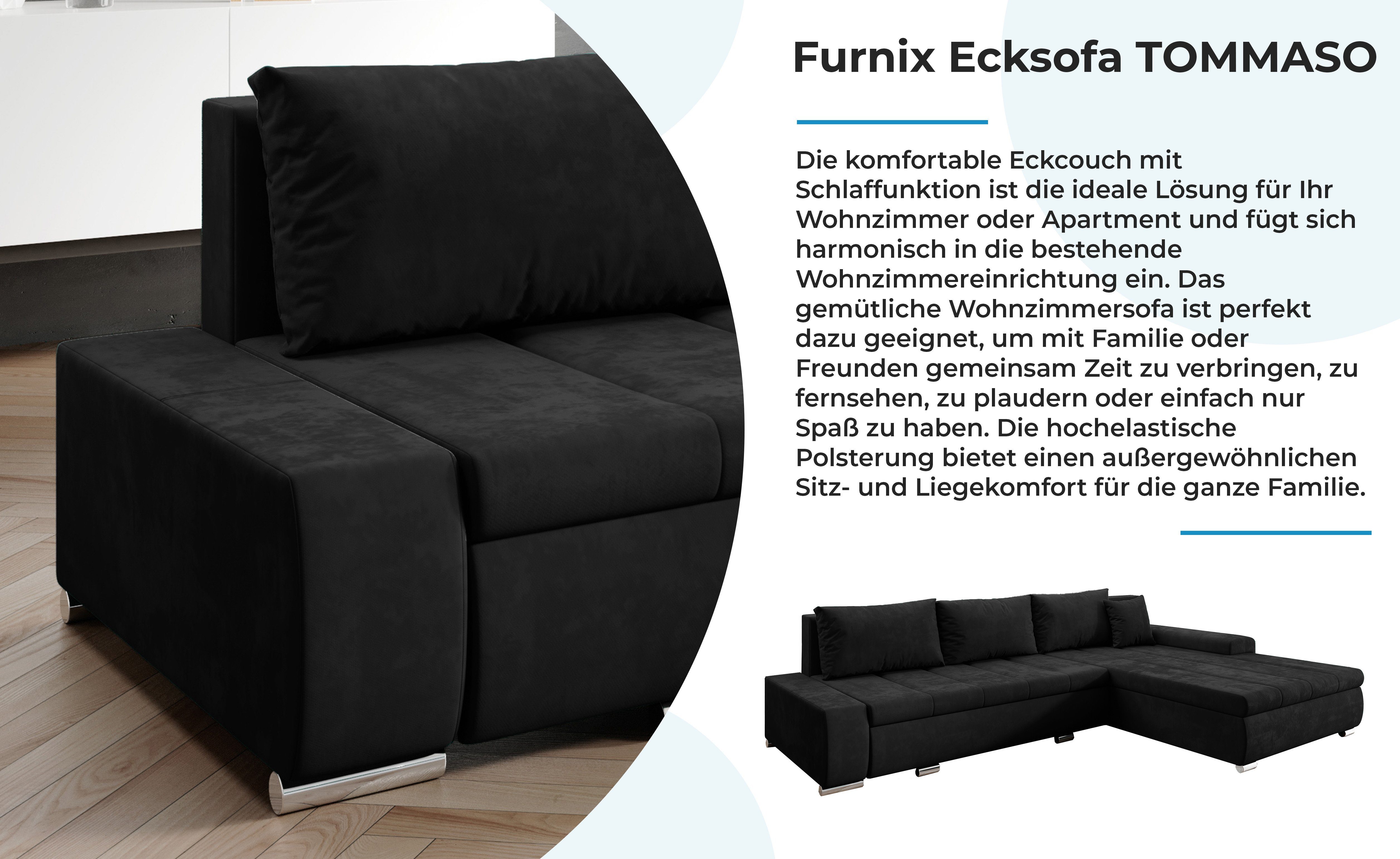 Schwarz Couch, EU x Kissen in Schlaffunktion Ecksofa mit Bettkasten Stoff Made hochwertig, MH97 cm, Sofa x Furnix B297 H85 T210 TOMMASO