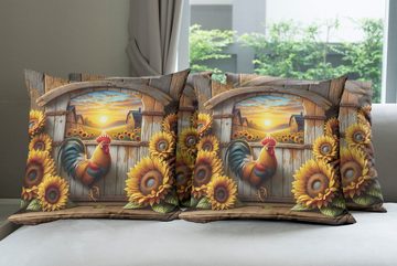 Kissenbezüge Modern Accent Doppelseitiger Digitaldruck, Abakuhaus (4 Stück), Rustikal Bauernhof Sonnenuntergang mit Hahn
