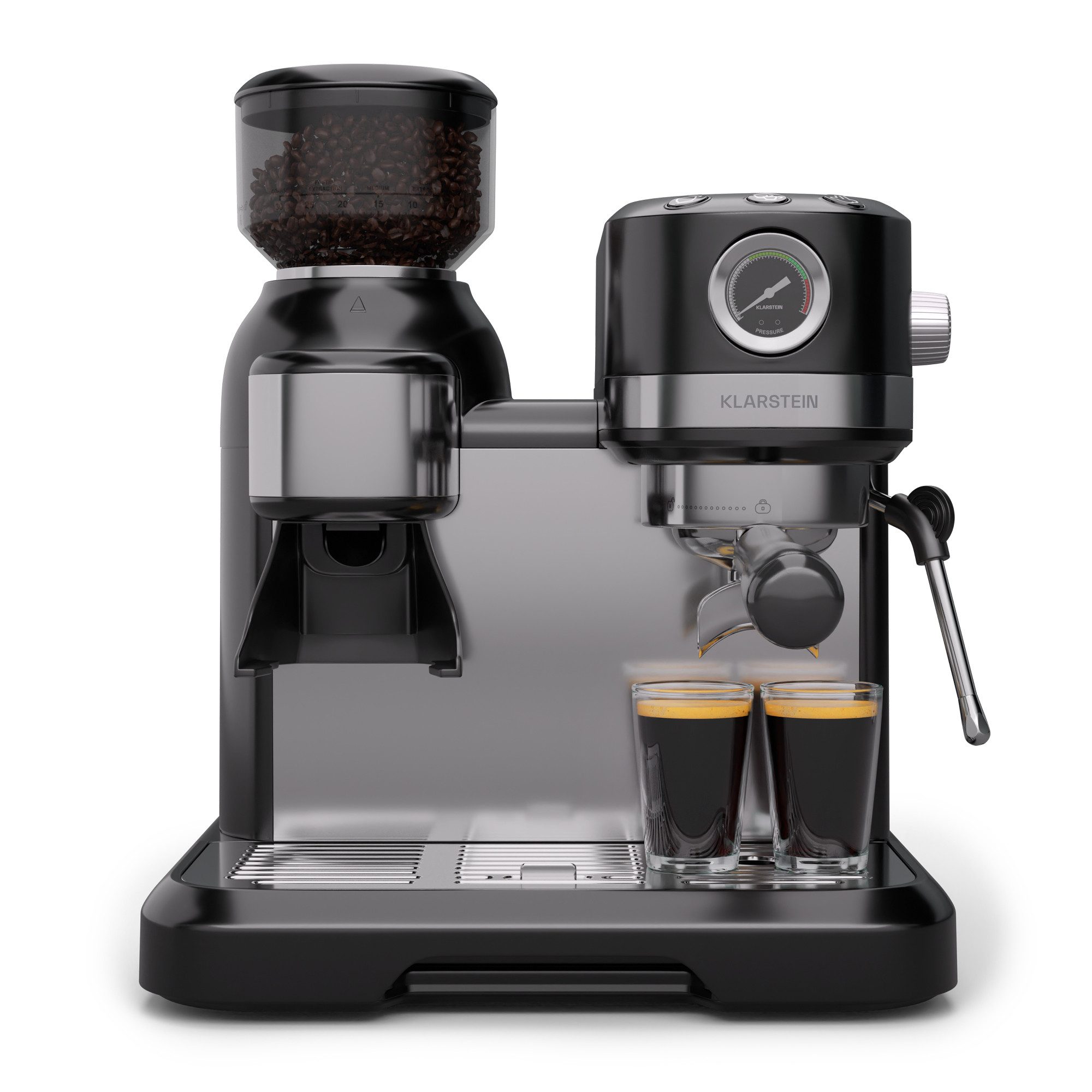 Klarstein Espressomaschine, 1.4l Kaffeekanne, Edelstahl-Siebträger, Elektrisch 19 Bar Espressomaschine Kaffemaschine Kegel-Mahlwerk