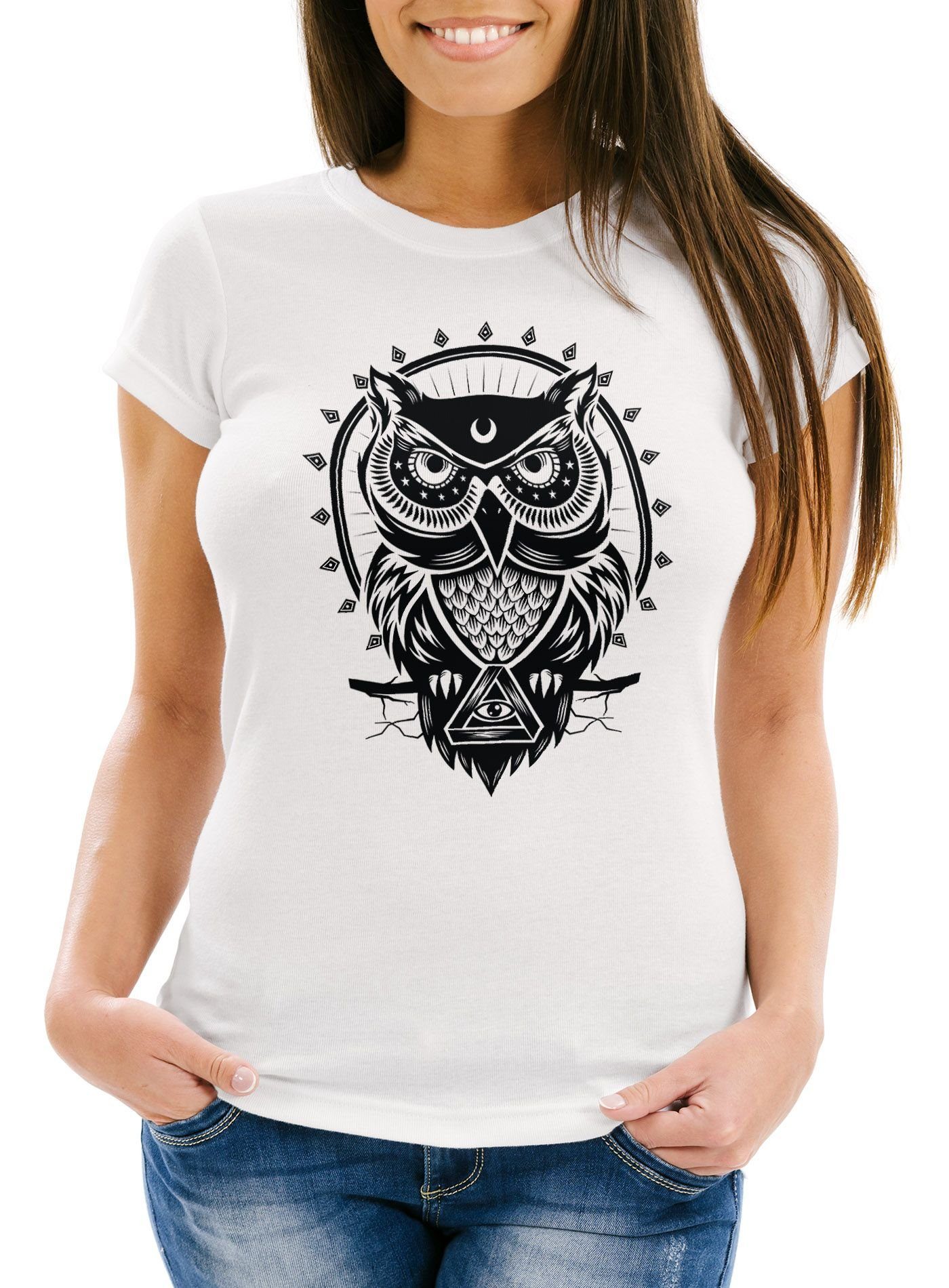 Neverless Print-Shirt Damen T-Shirt Eule Owl Shirt Eulenmotiv Slim Fit Neverless® mit Print weiß