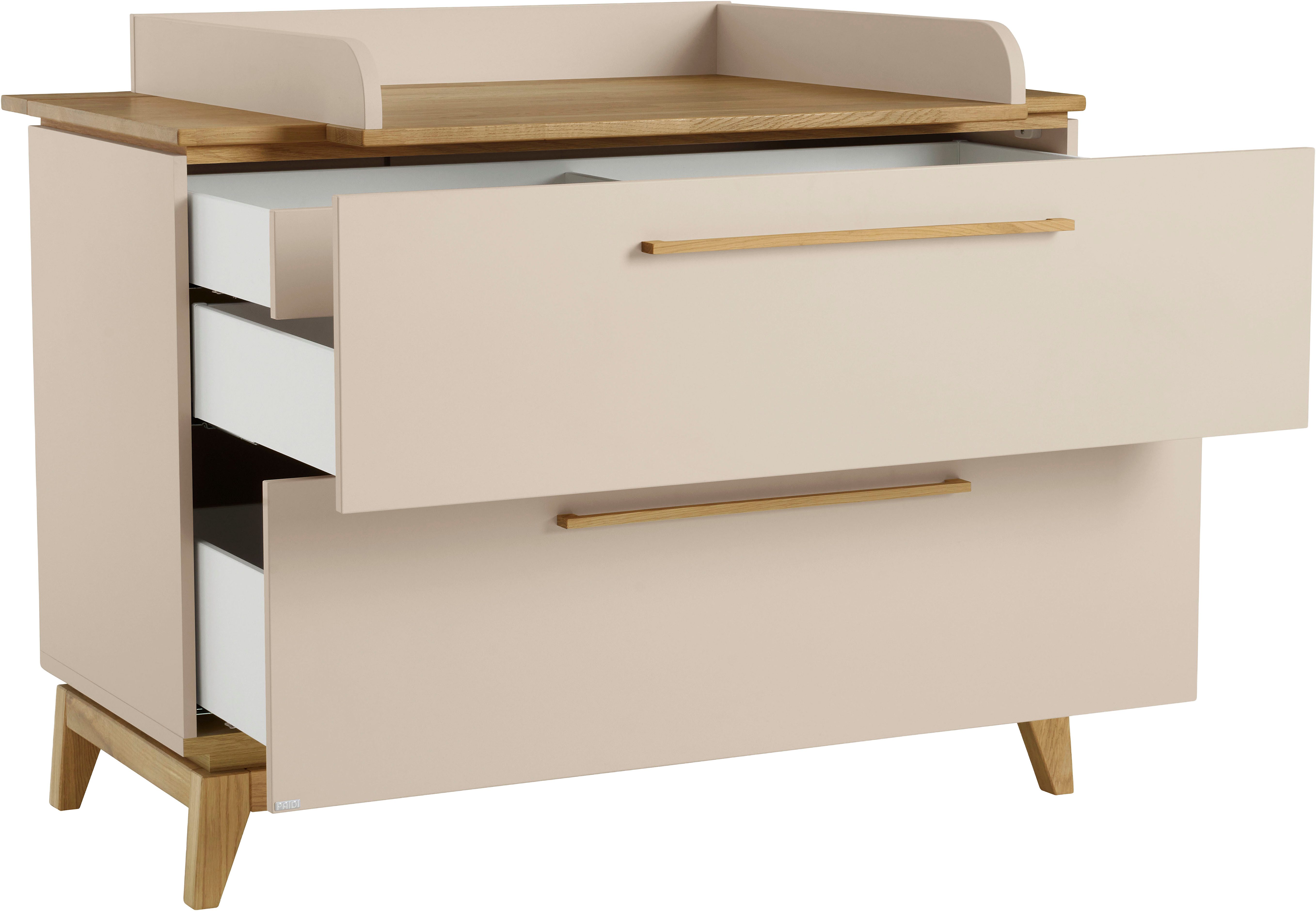PAIDI Wickelkommode STIENE in Beige mit Eiche Massivholz, inkl. Wickelaufsatz, Spar-Set, 2 Schubladen mit Soft-Close, 123 cm Breite, hochwertiger Wickeltisch