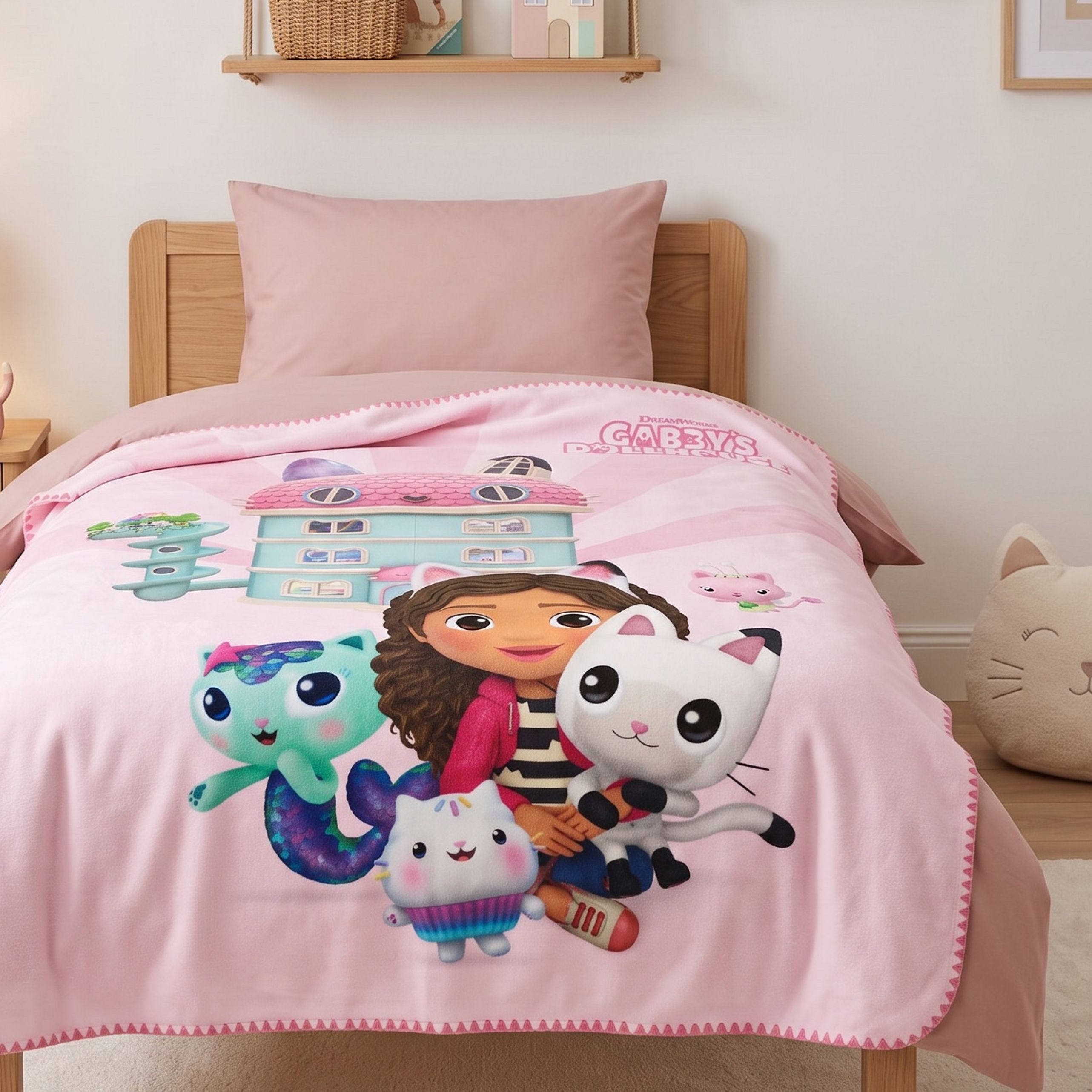 Wohndecke Gabby's Dollhouse 130x160 cm, Panda Pfötchen, Kuscheldecke, MTOnlinehandel, kuschelige Kinderdecke mit Puppenhaus & Katzenfreunden in Rosa
