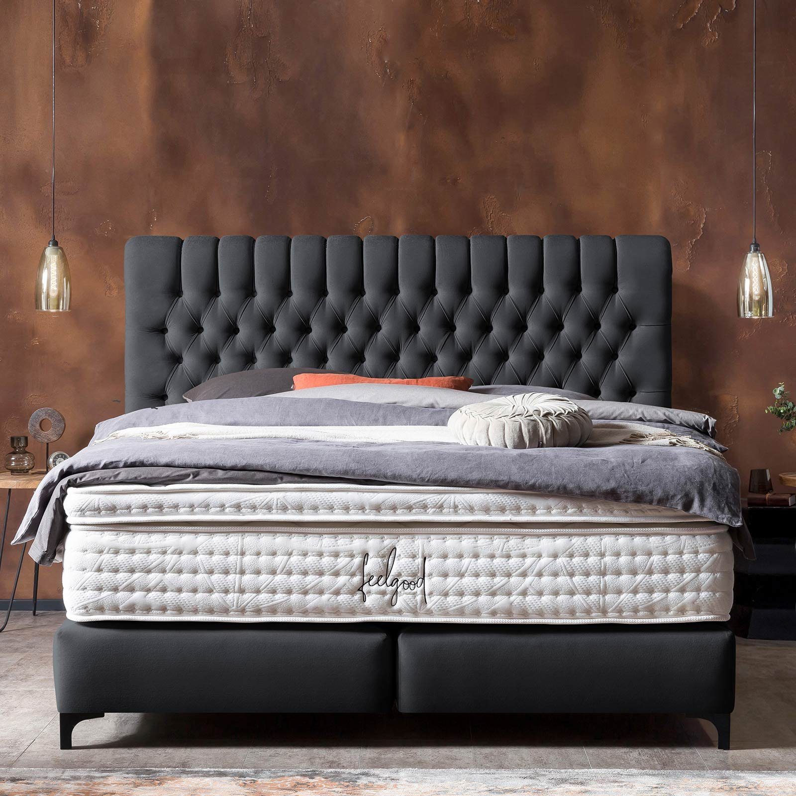 Schwarze 200 Chester optionaler (140 Chesterfield-Design Topper, Boxspringbett x + Metallfüße Schwarz Velours), cm, in BettCo