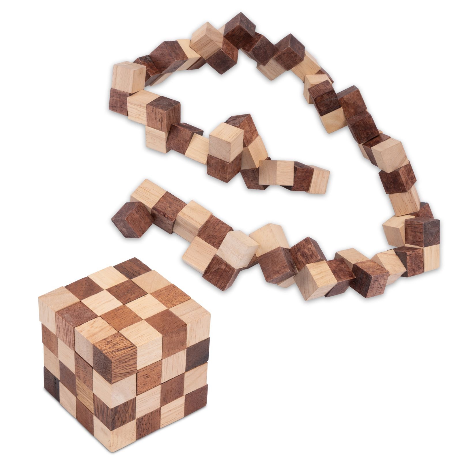 LOGOPLAY 3D-Puzzle Schlangenwürfel 4x4 Gr. S, Puzzleteile, Schlangenwürfel Gr. S 6 cm Kantenlänge Snake Cube 3D Puzzle aus Holz