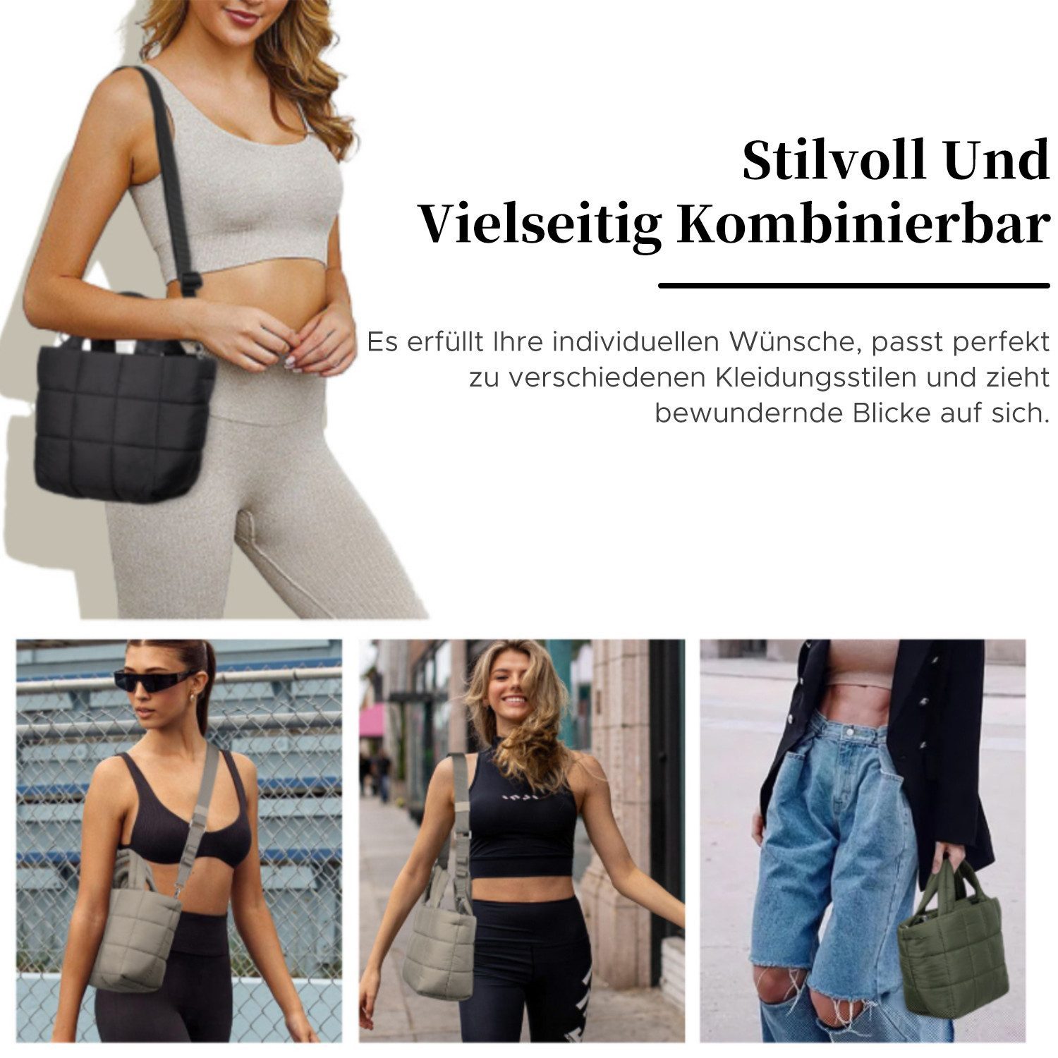 Oemmn Schultertasche Leichte Stepptasche mit Henkel & abnehmbarem Gurt, Puffer Handtasche – Bild 3 von 5