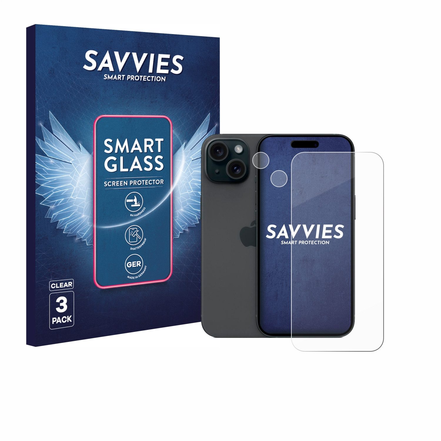 Savvies Displayschutzglas Schutzglas Panzer für Apple iPhone 15 (Display+Kamera), 3 Stück, Schutzfolie Display Schutz Glas Folie klar