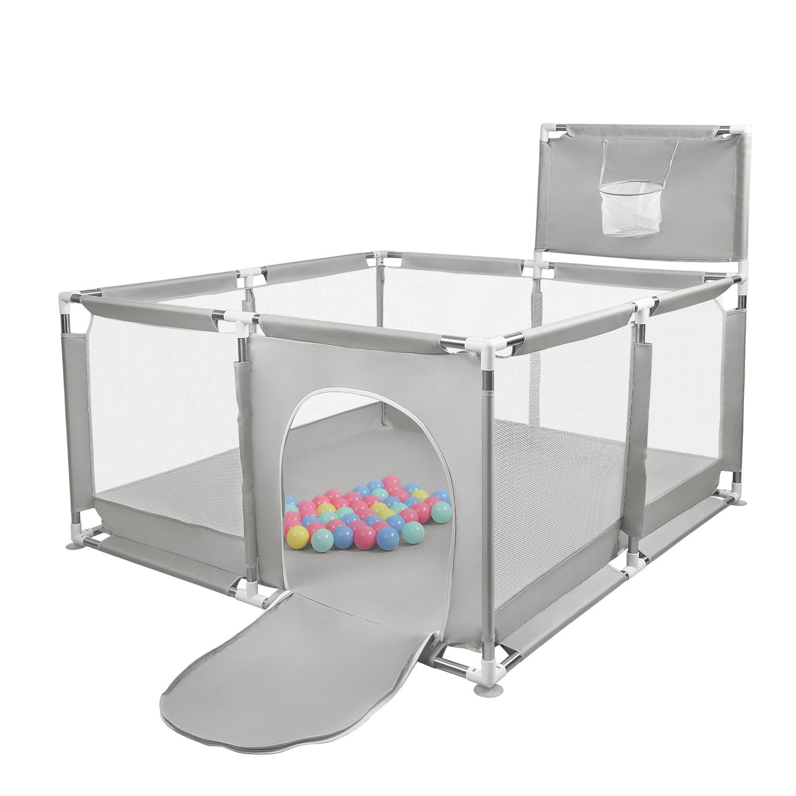 JEOBEST Laufstall Laufstall Baby 126x66cm Laufgitter baby Kinder laufgitter, Sicherer Spielbereich - mit Basketball-Netz und 50 Ozeanbälle