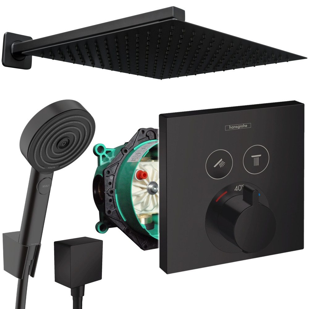 Hansgrohe und Jowi Duscharmatur ShowerSelect + Pulsify Unterputz Duscharmatur, Thermostat, Schwarz (Unterputz-Duschsystem, Unterputz Thermostat Duschsystem) Mattschwarz, Thermostat, Select-Tasten