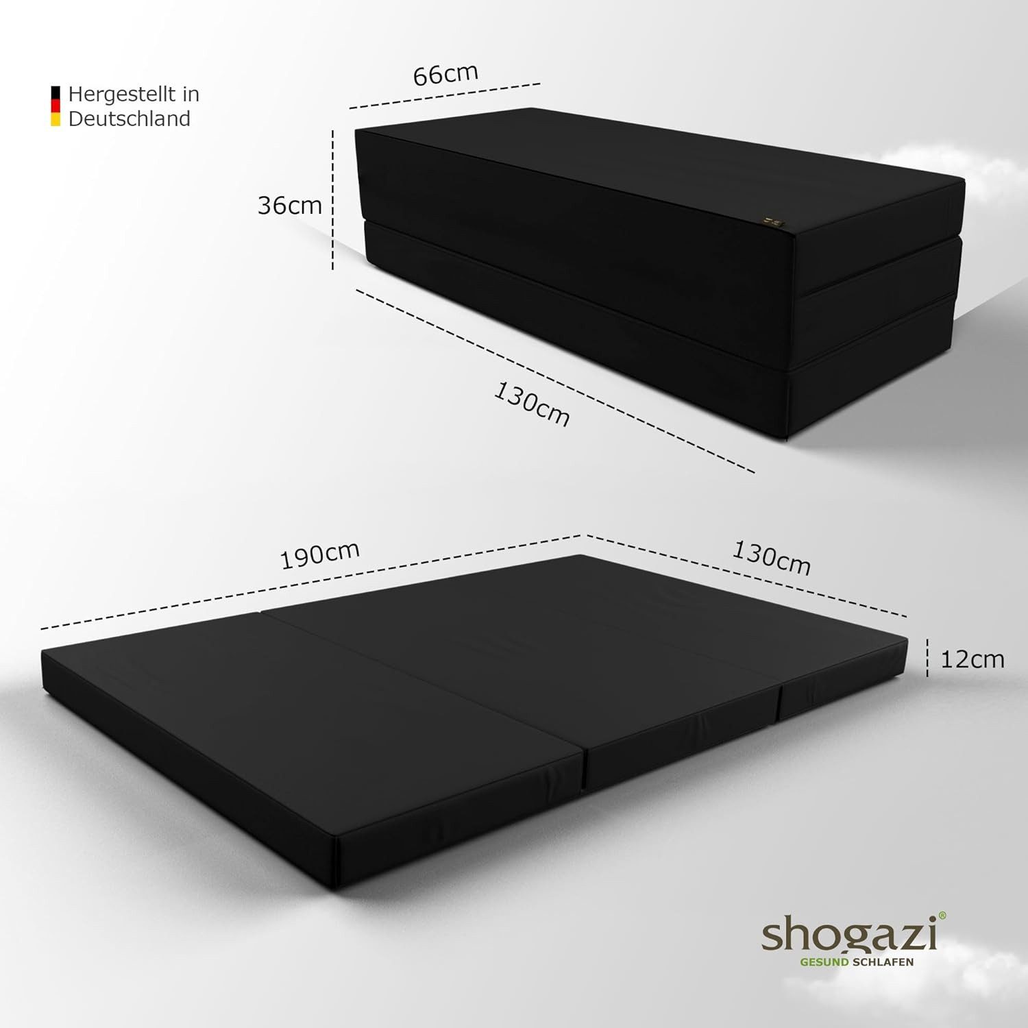 Klappmatratze Luxus Gästematratze 130 cm Breit, shogazi ®, 12 cm hoch, 3-teilige mit abnehmbarem Bezug - MADE IN GERMANY