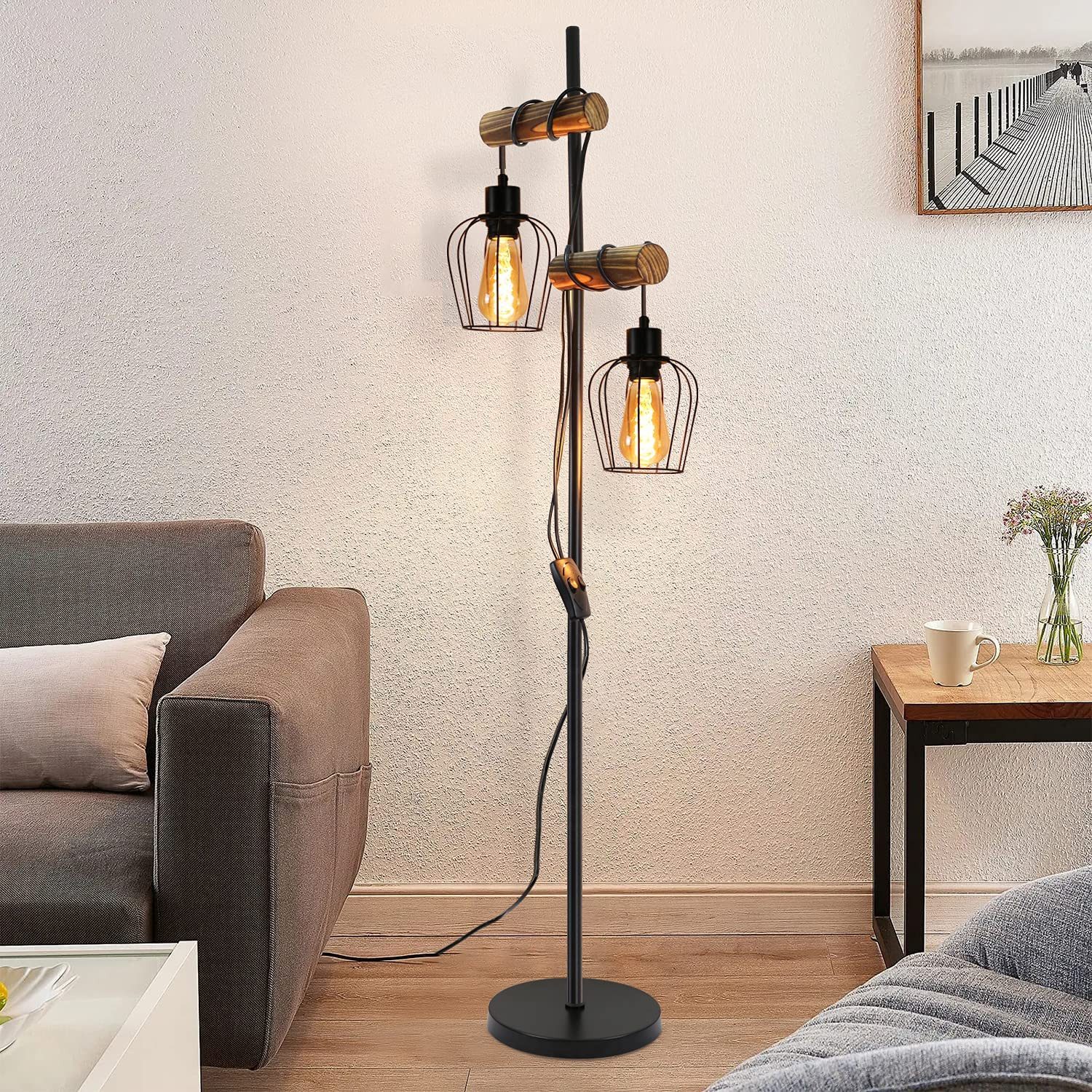 Stehlampe Vintage E27 2 Flammig Holz Stehleuchteaus mit Kippschalter
