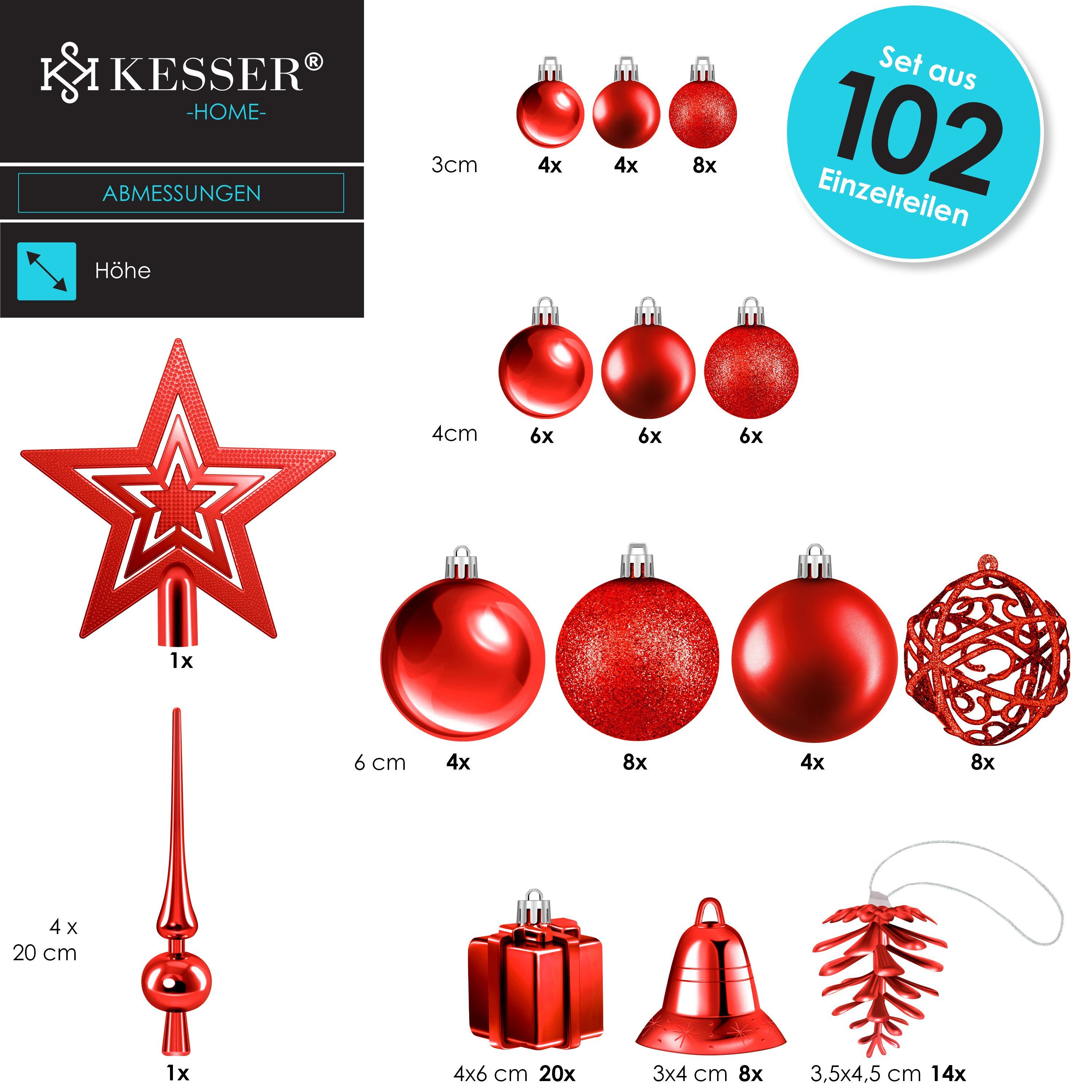 Weihnachtskugeln rot Set (102-tlg), Baumspitze 102-teiliges Christbaumkugeln KESSER Christbaumschmuck