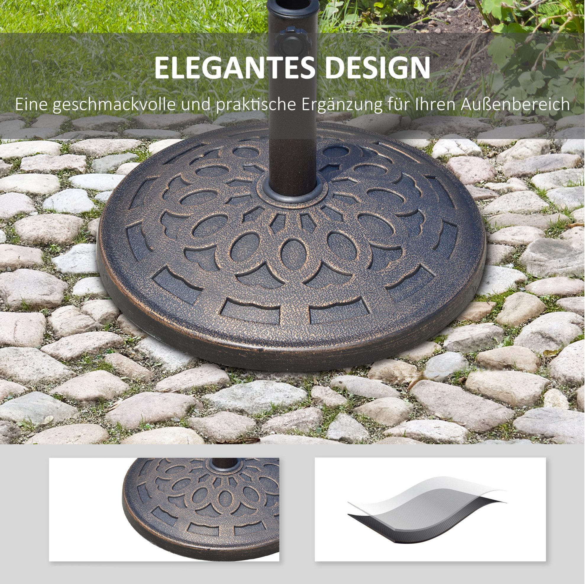MODFU Schirmständer rund 14 kg Harz Bronze Ø48,5 x H34 cm Sonnenschirmfuß (1 St., Wetterfester Schirmfuß aus Kunstharz in Bronze Optik für Outdoor), Schirmhalter für Ø38/48 mm Sonnenschirme, stabiler Standfuß für Garten