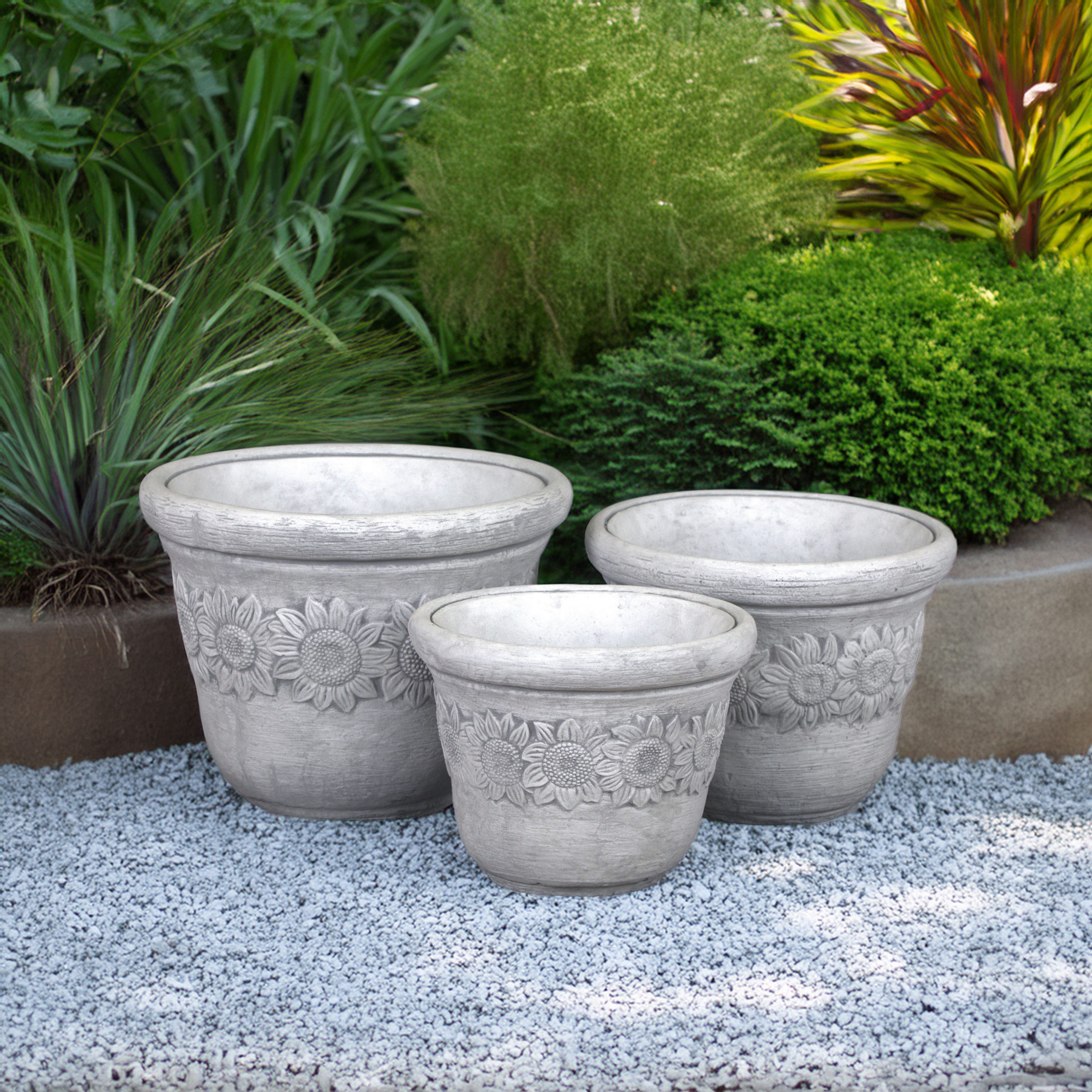 gartendekoparadies.de Pflanzkübel 3 Blumentöpfe Sonnenblume Set Steinguss 17, 10 & 5 Liter (3er-Set), Frostsicher