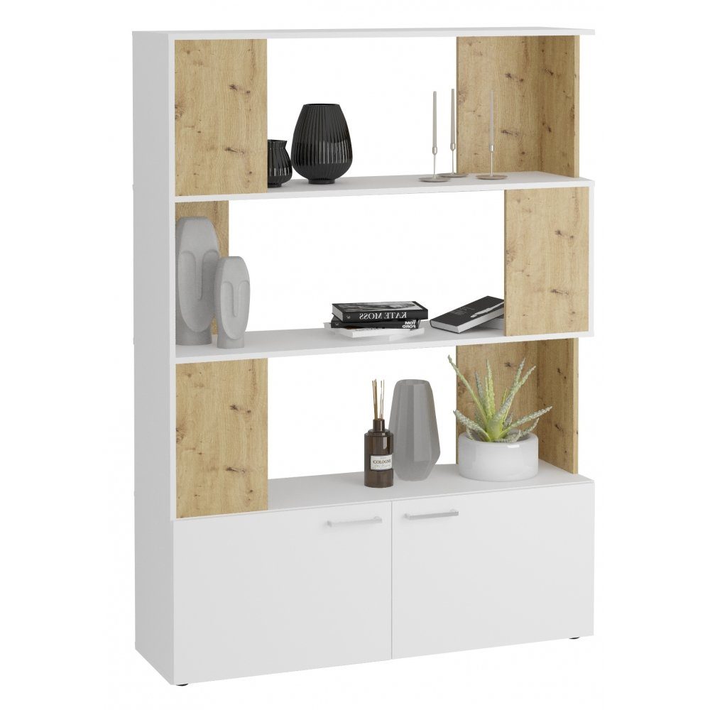 FMD Möbel Raumteilerregal Raumteiler VAREL Standregal mit 4 Türen in Weiß / Artisan Eiche Nb. ca. 117 x 160 x 39,6 cm | Raumteiler-Regale